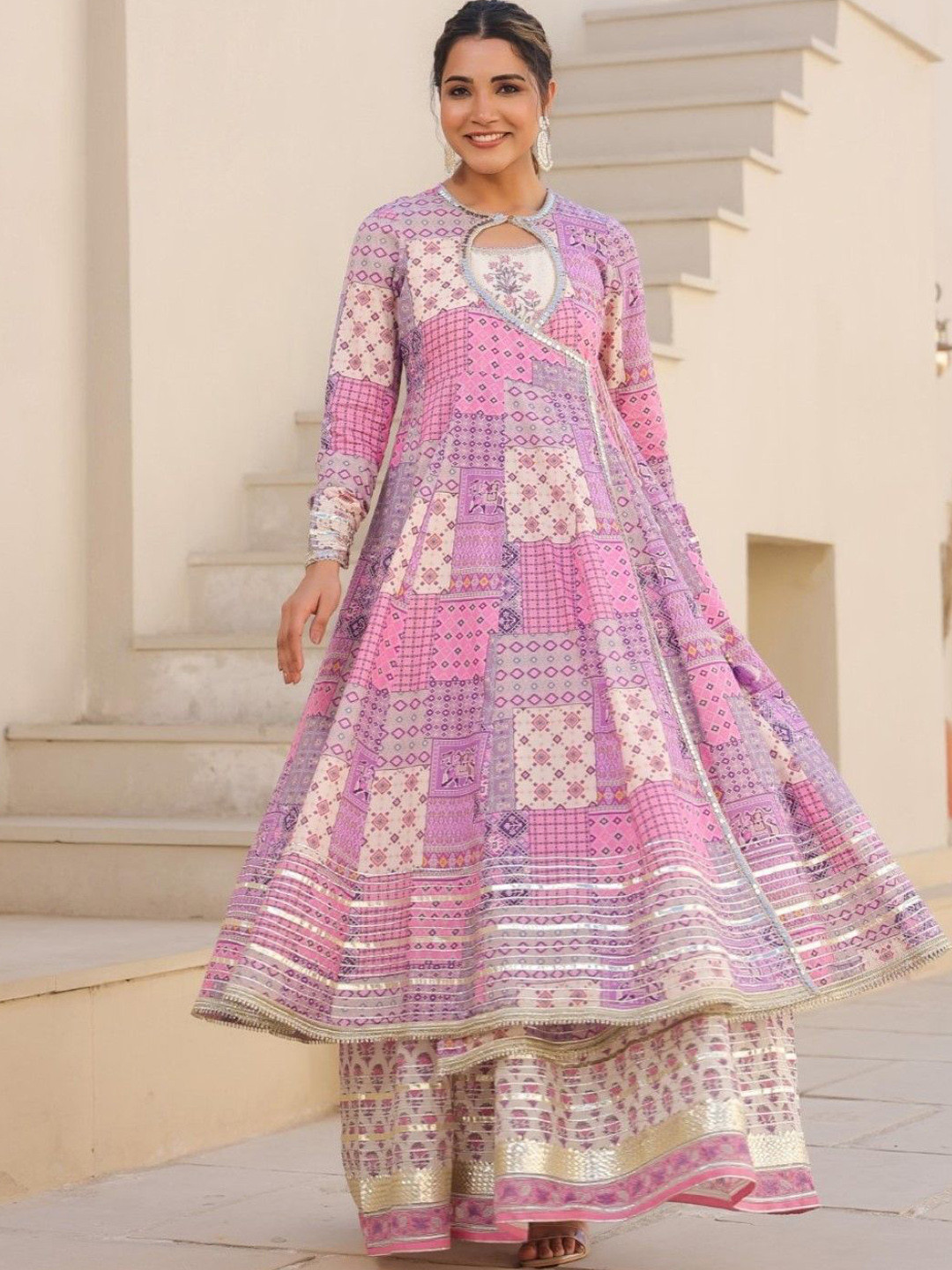 AUTUMN LANE Geometric Printed Angrakha Mirror Work Ethnic Dress With Inner