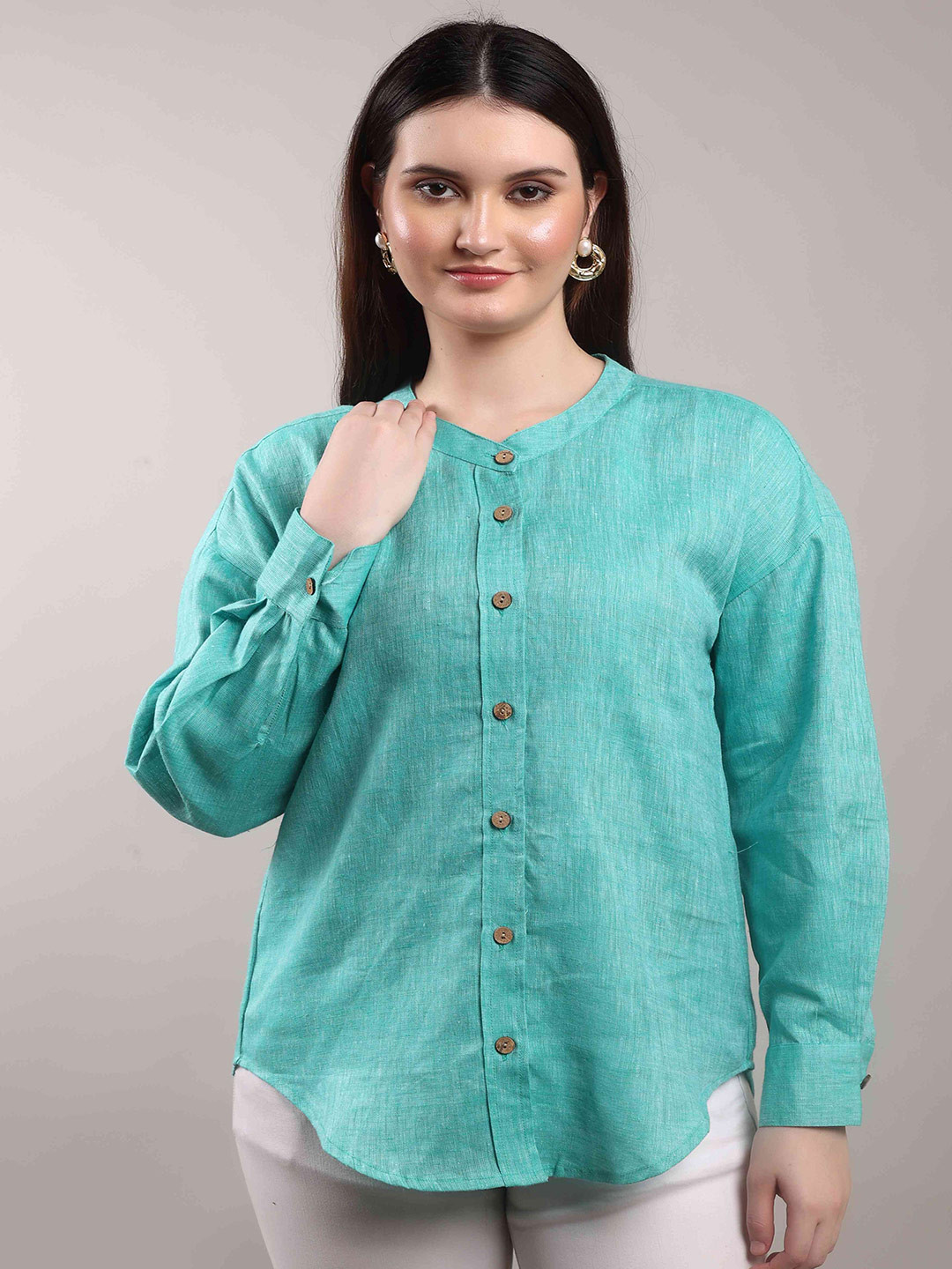 THE MAJESTIC PEACOCK Women Solid Mandarin Collar Linen Casual Shirt