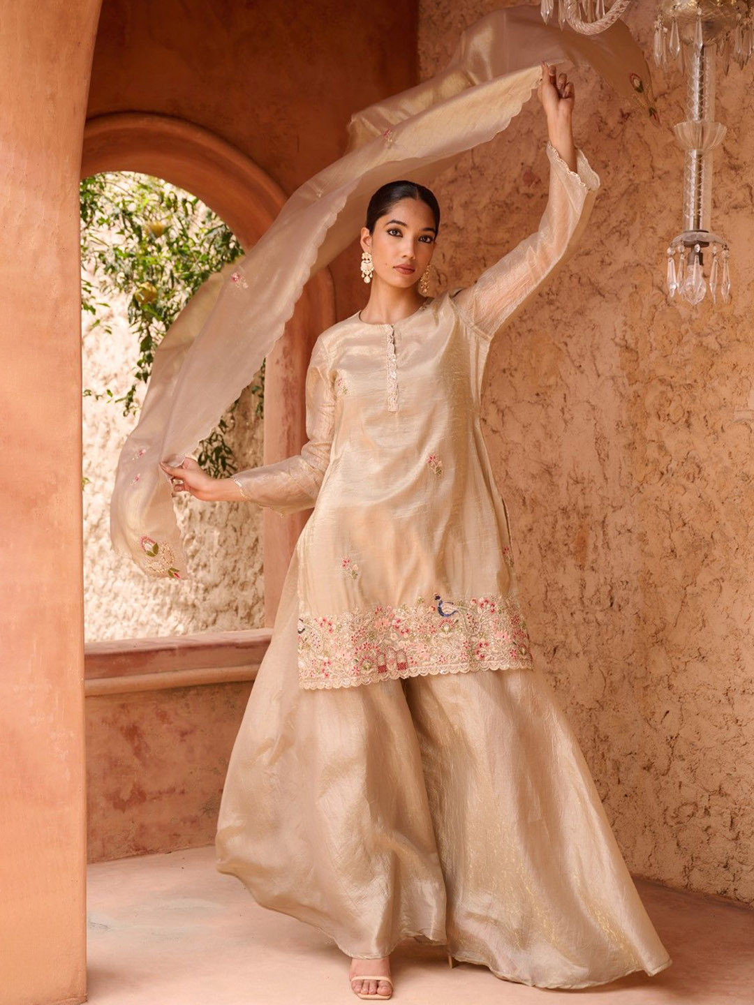 AUTUMN LANE Sangini Floral Embroidered Thread Work Tissue Kurta With Palazzos & Dupatta