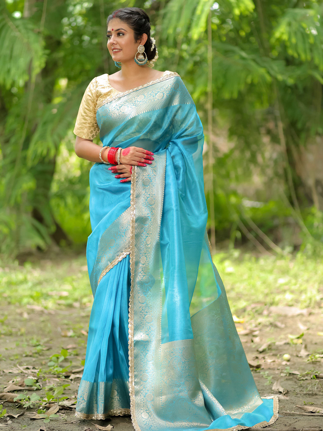 Banarasi Kargha Woven Design Tissue Banarasi Saree With Blouse Piece