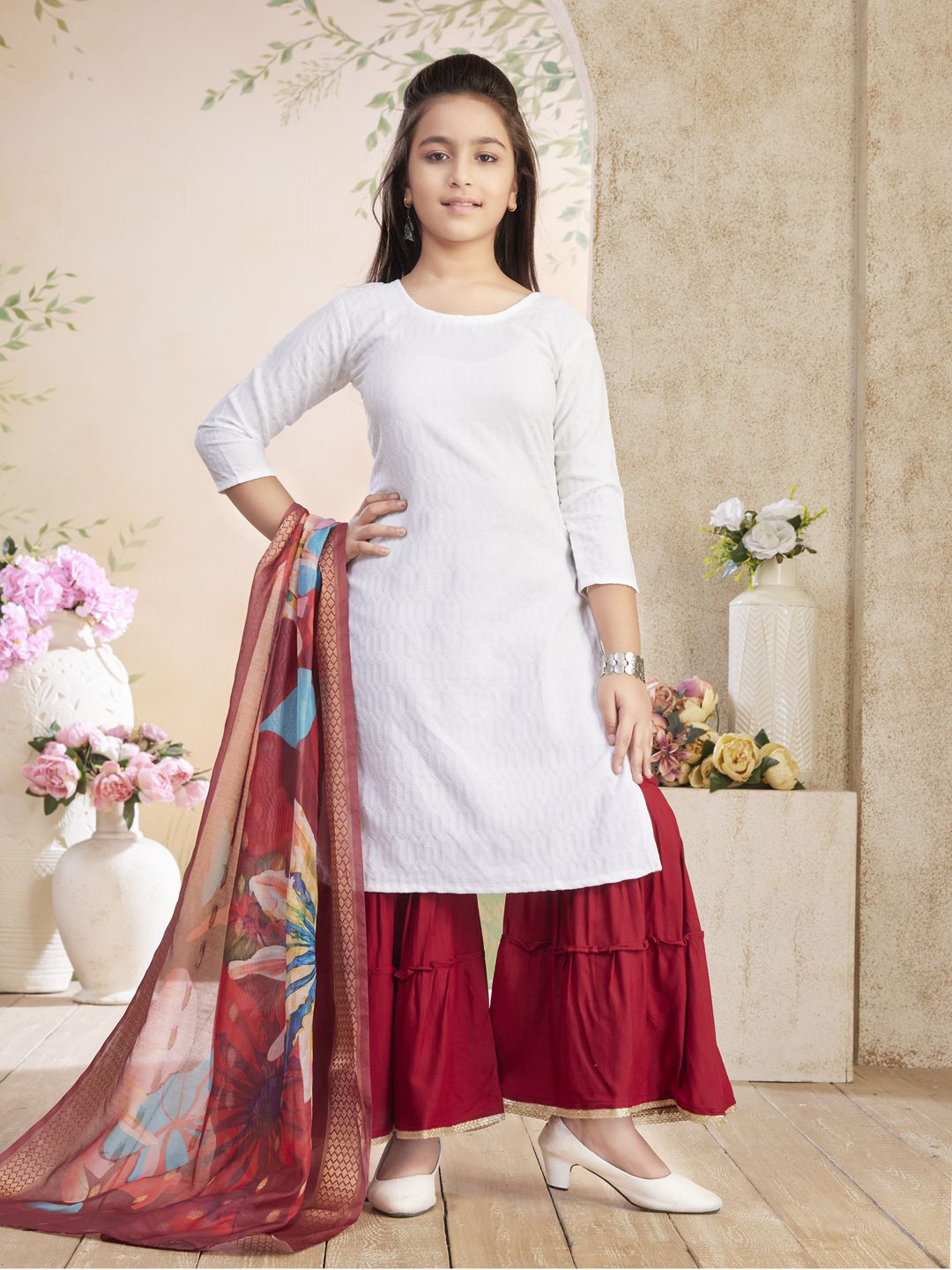 BAESD Girls Geometric Textured Round Neck Long Sleeves Cotton A-Line Kurta