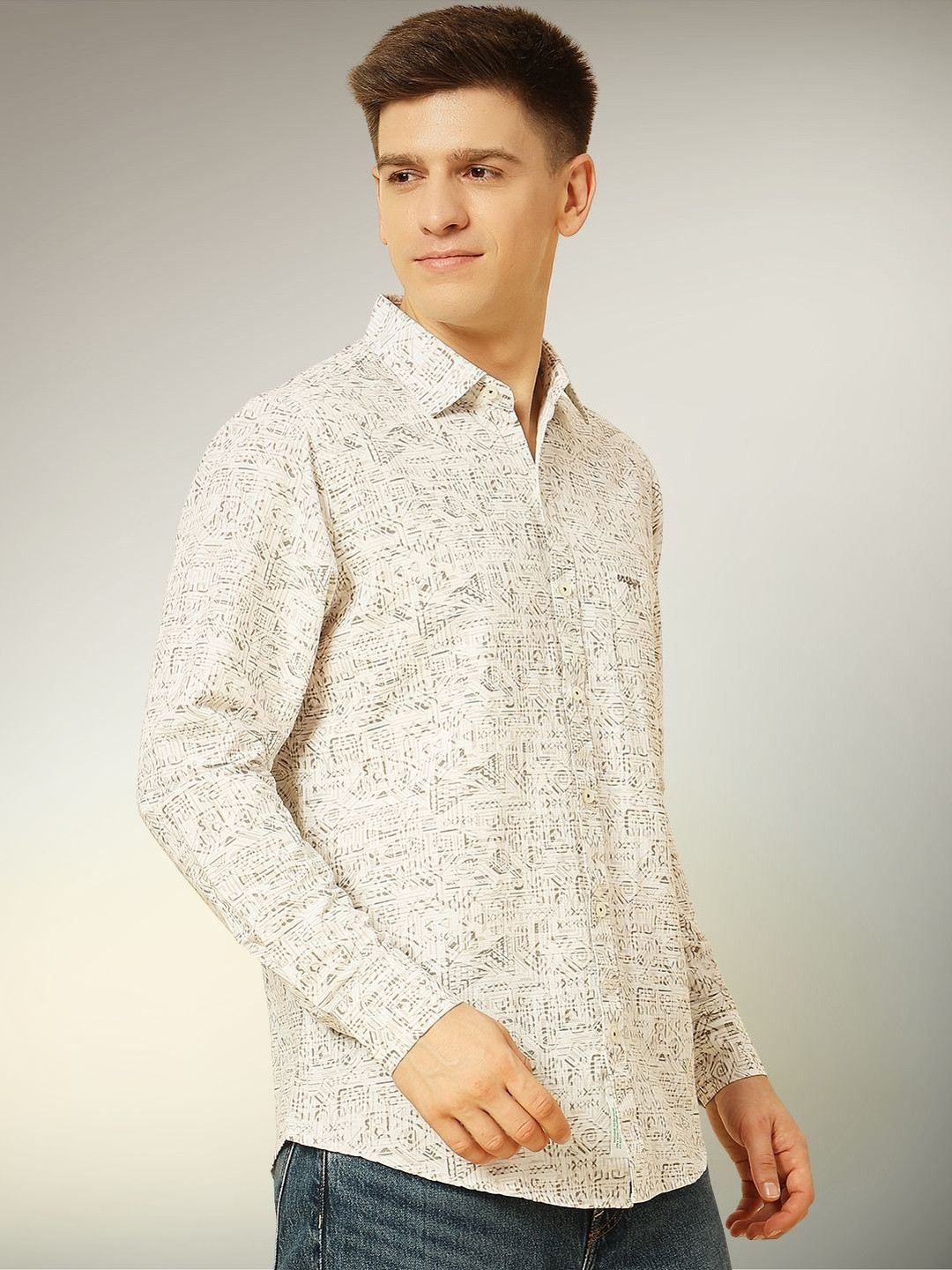 ENSPYR Men Brown Printed Long Sleeves Cotton Casual Shirt