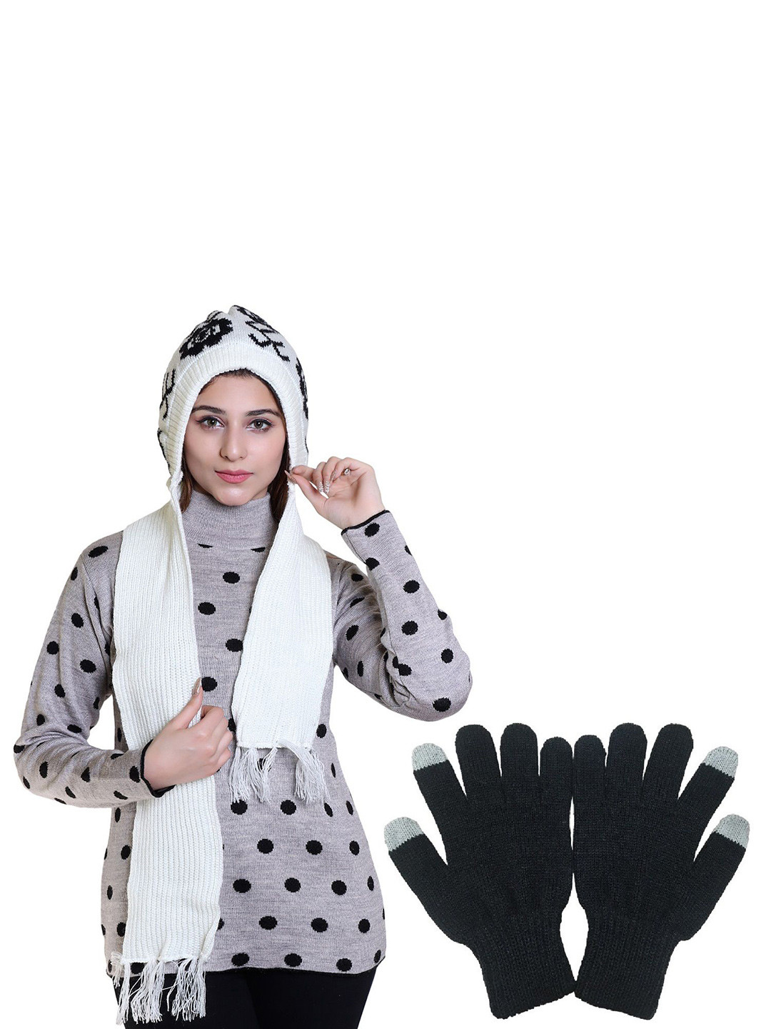 Gajraj Women Printed Woollen Scarf With Touch Screen Fingers Gloves