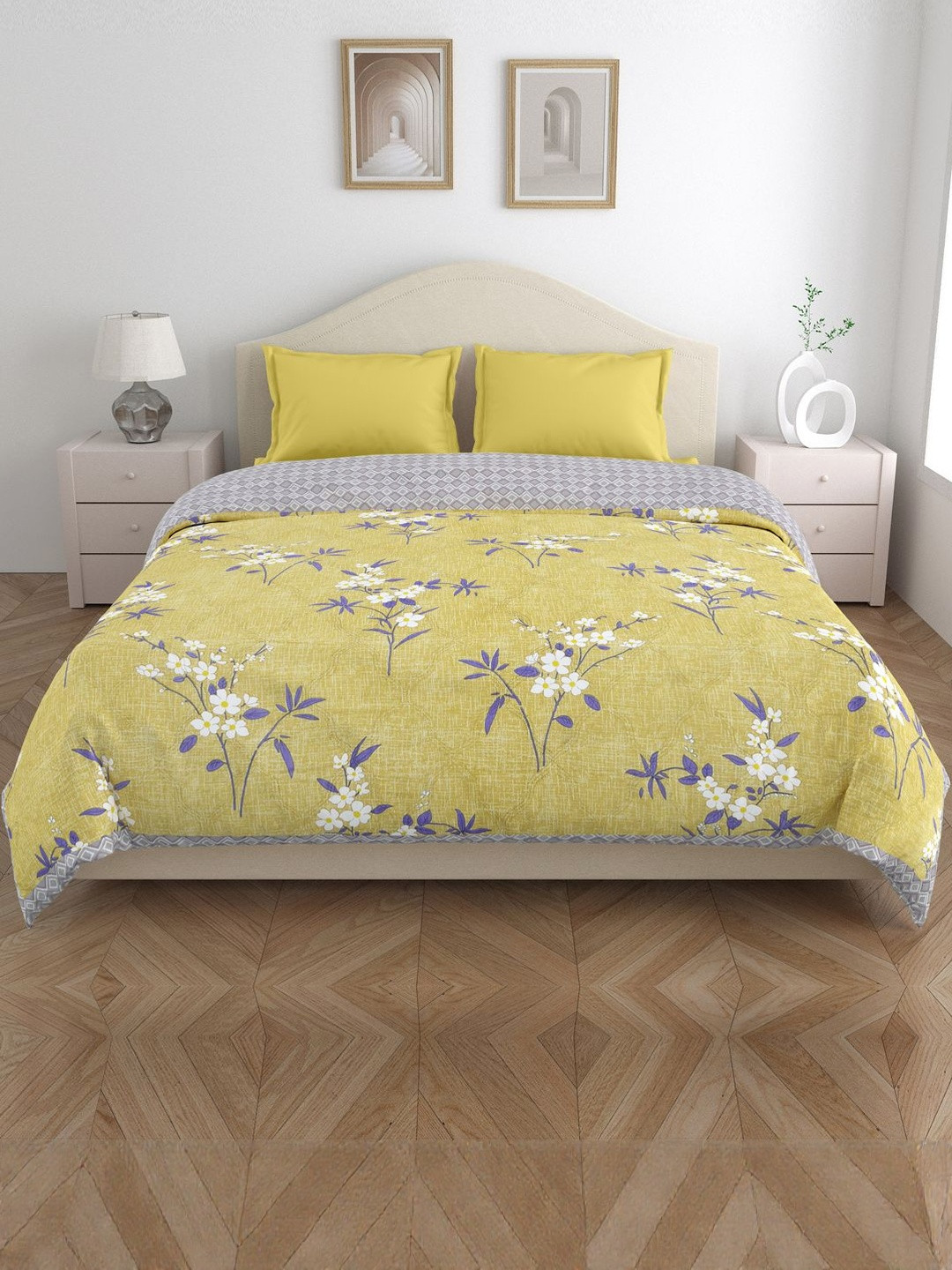 Home Fresh Yellow & White Floral Microfiber AC Room 120 GSM Double Bed Comforter