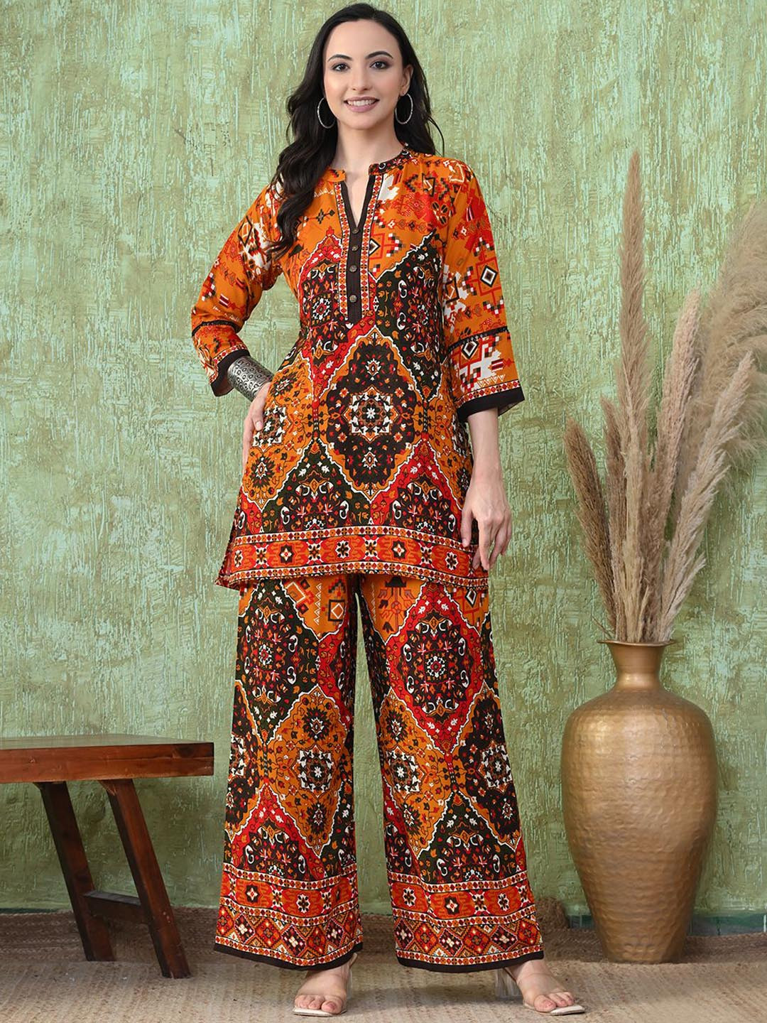LIYALA Orange Printed Mandarin Collar Tunic With Palazzos