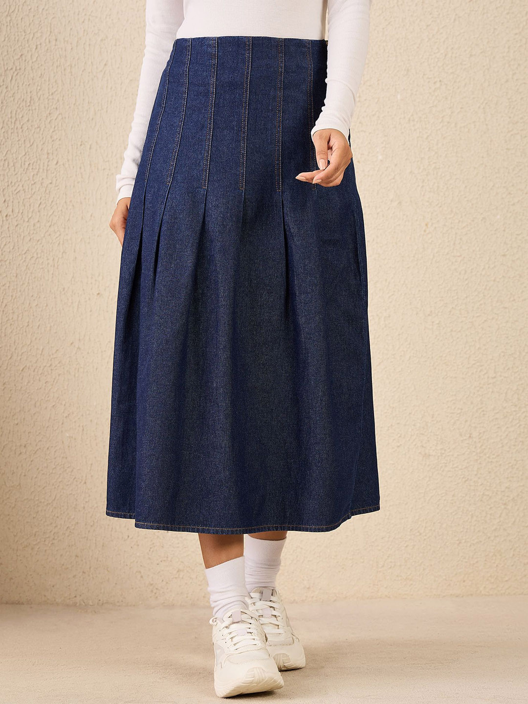 StyleStone Women Box Pleated Denim Midi Skirt