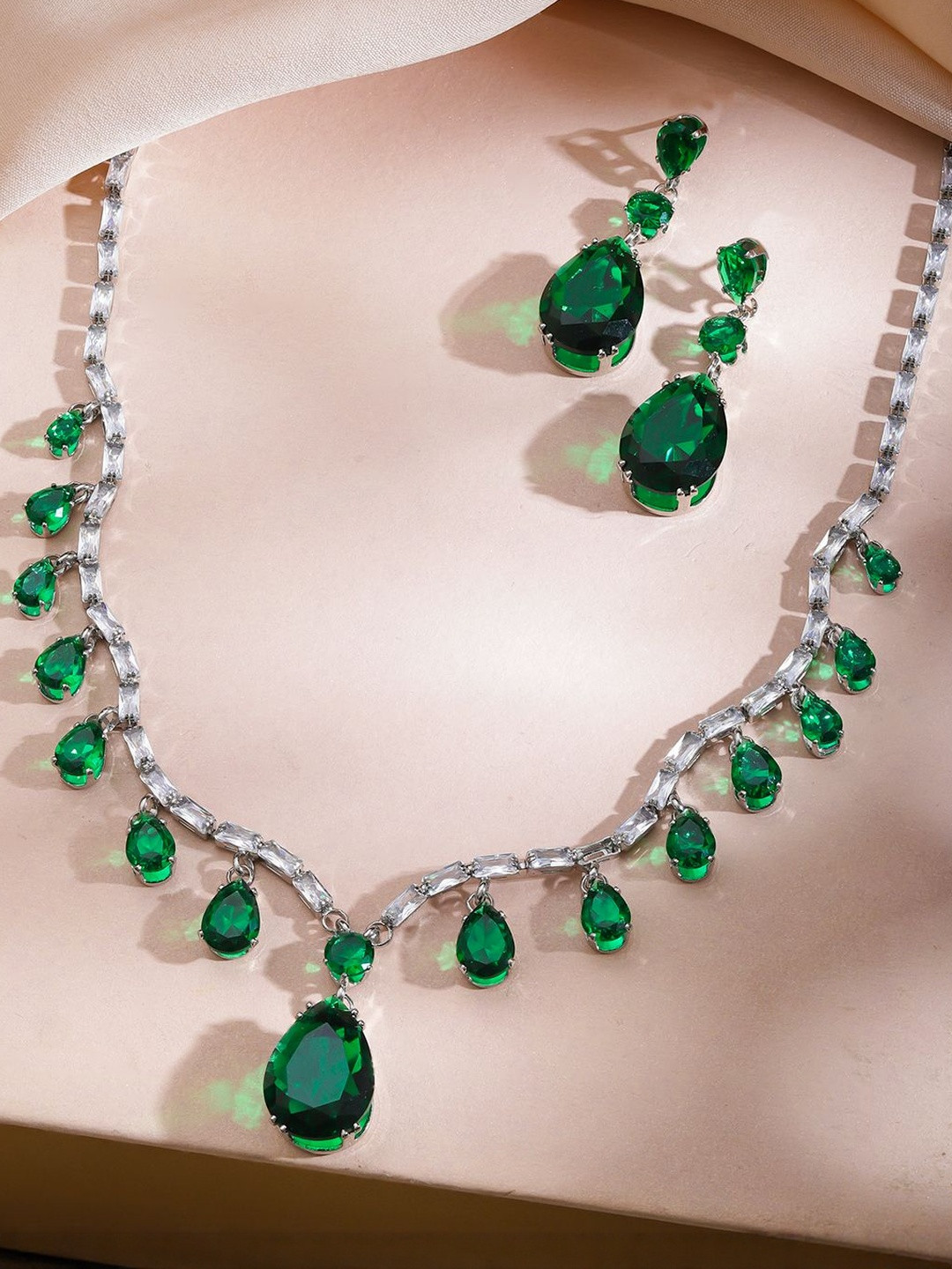 Rubans Rhodium-Plated Emerald Green Crystal & Cubic Zirconia Teardrop Dangler Necklace Set