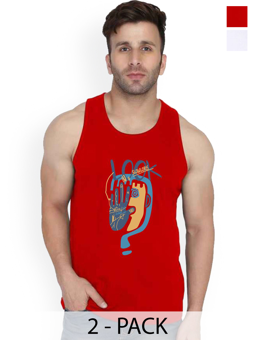 SLOWLORIS Men Pack Of 2 Combed Cotton Gym Vests VSL26 CMB(LOOK RED)(LOOK WHITE)