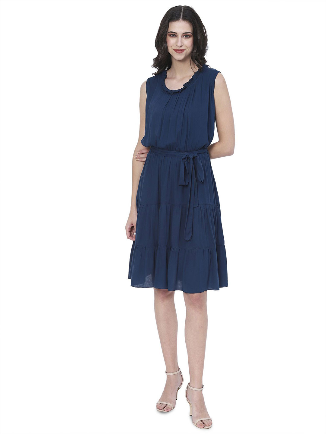 G0-4 IT Women Sleeveless Tiered Belted A-Line Dress