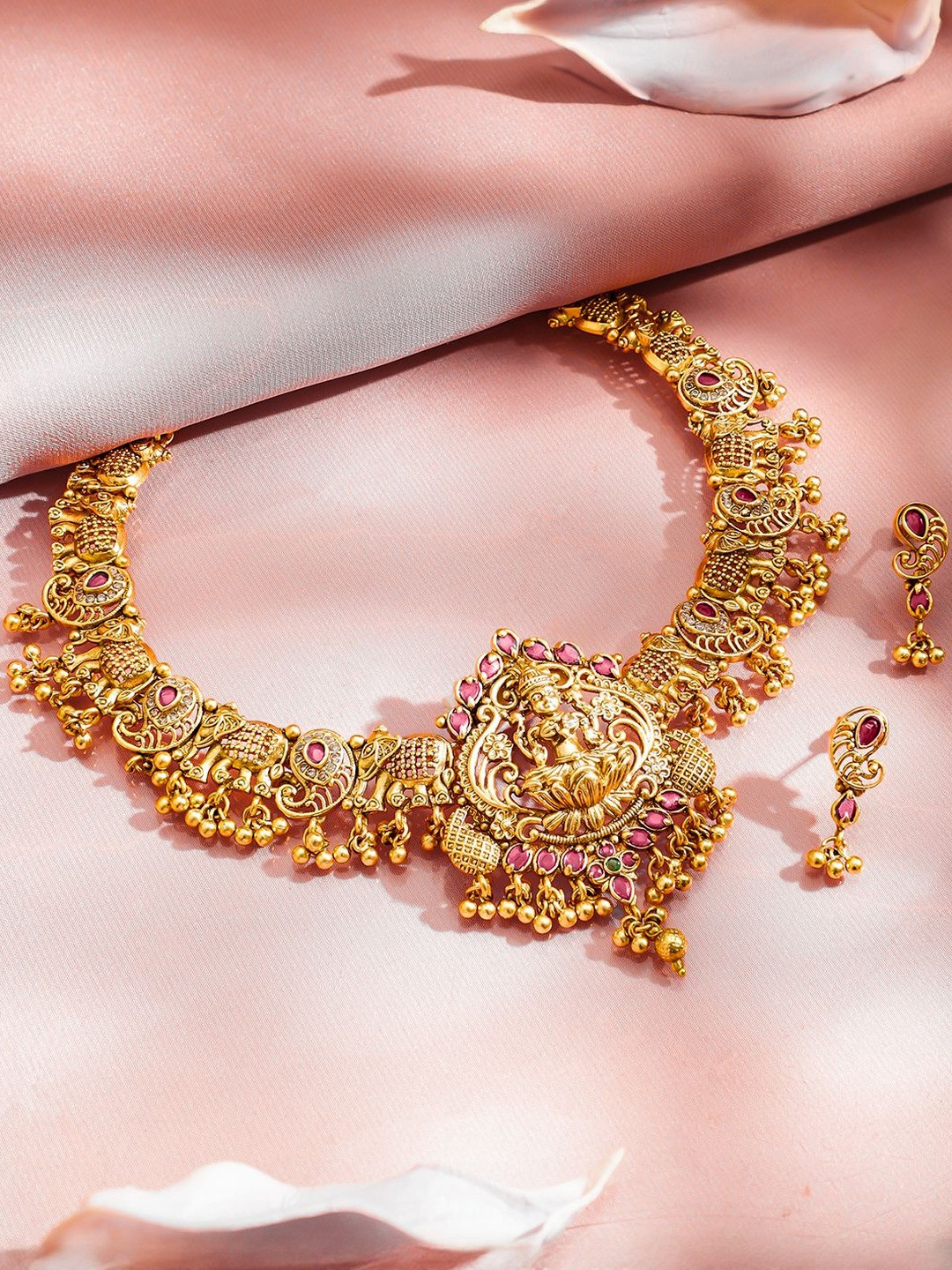 Rubans 22K Gold-Plated Ruby Red Stone & Golden Beads Lakshmi Motif Temple Necklace Set