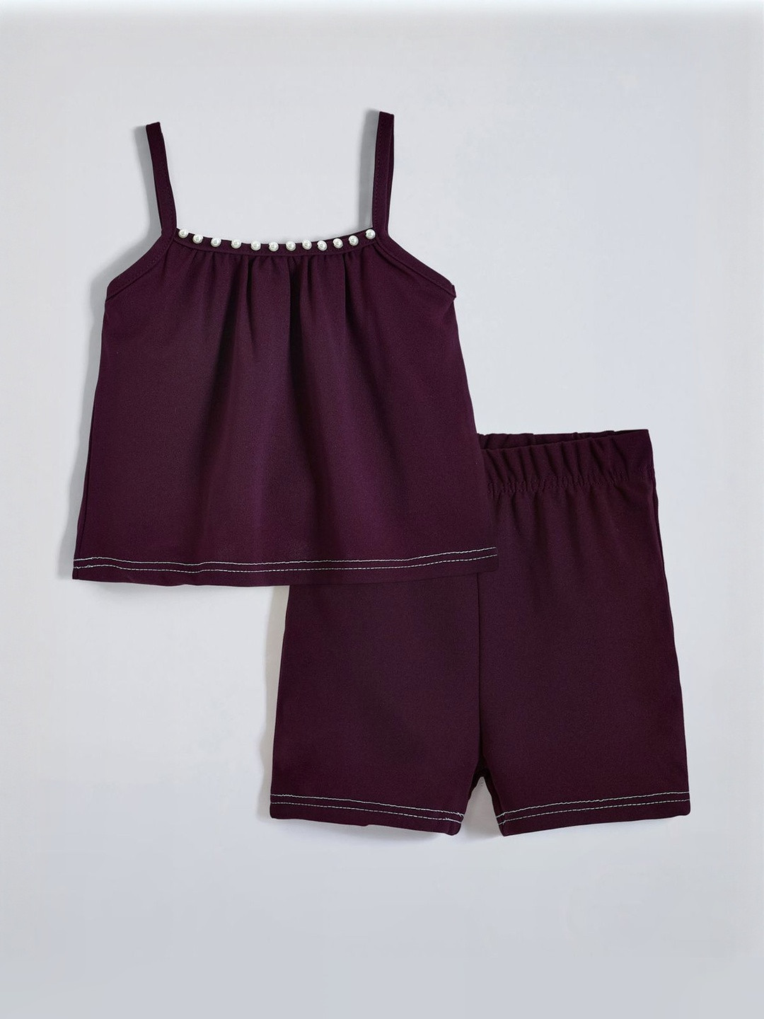 Hopscotch Girls Maroon Pearl Embellished Blouse & Shorts