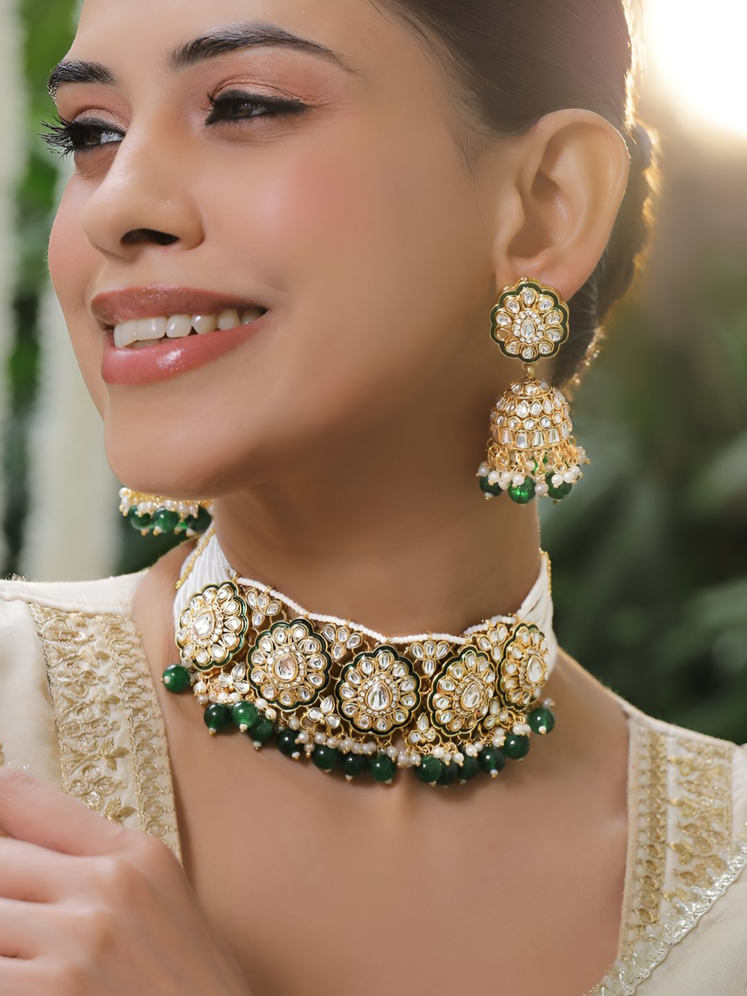 Rubans 22K Gold-Plated White Kundan, Cubic Zirconia & Dark Green Beaded Pearl Choker Set