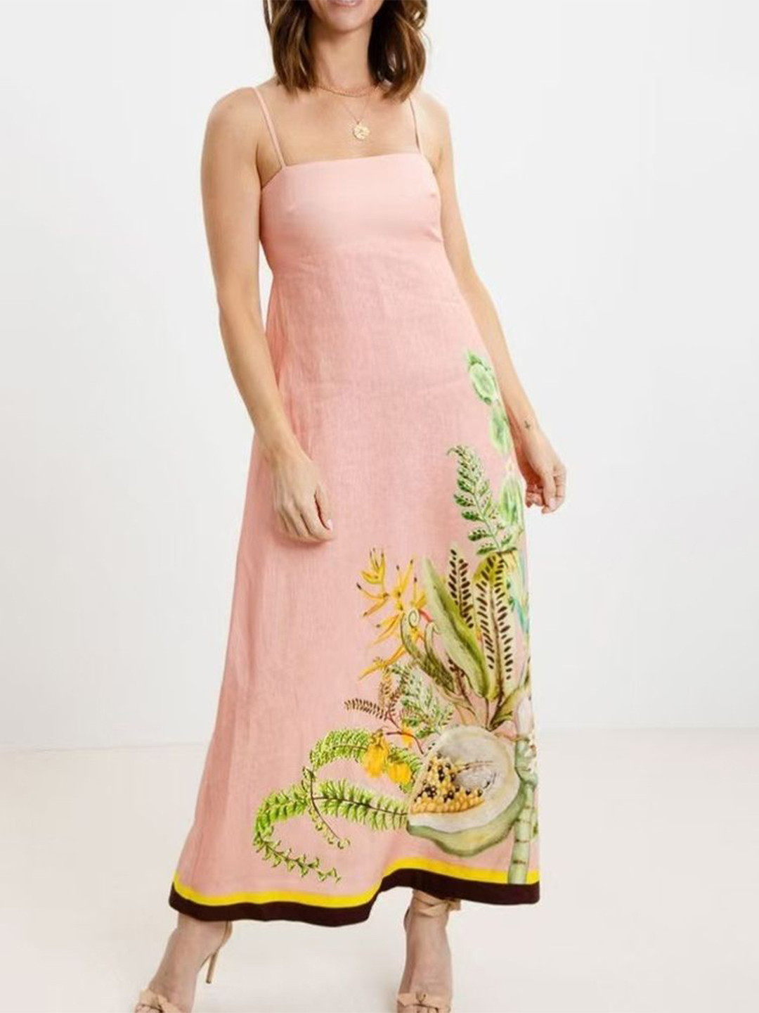 LULU & SKY Pink Floral Midi Dress with Shoulder Straps
