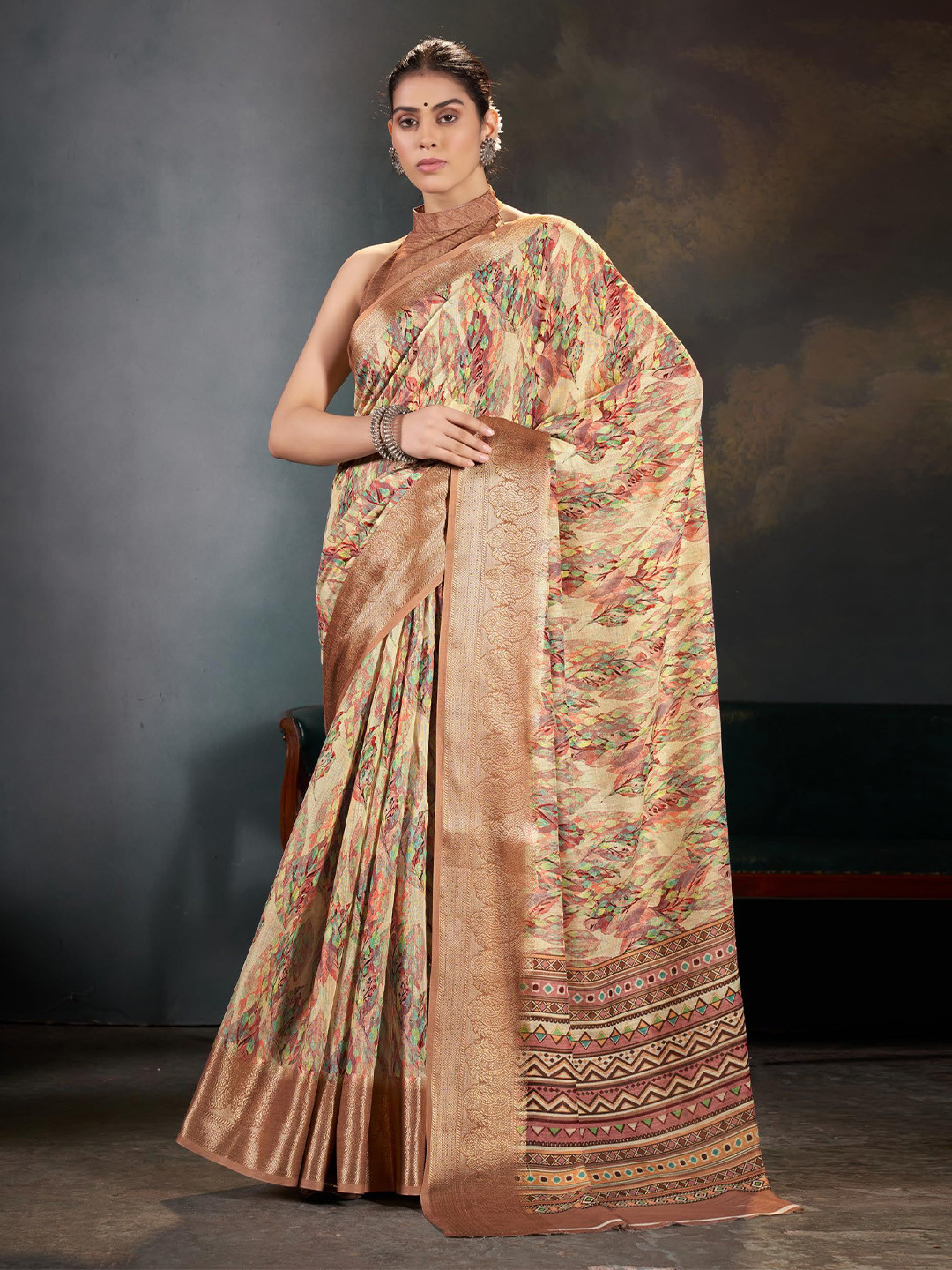 Garden Vareli Printed Banarasi Saree with Woven Design Border
