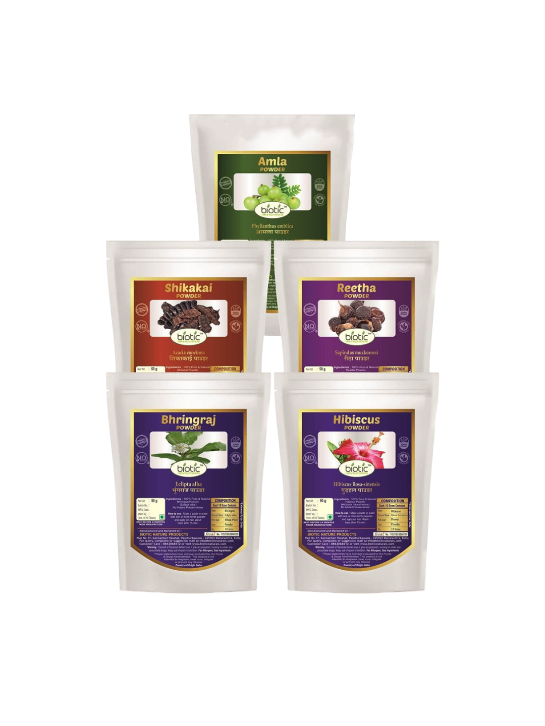 Biotic Set Of 5 Amla Reetha Shikakai Bhringraj Hibiscus Hair Mask Powder - 50 g Each