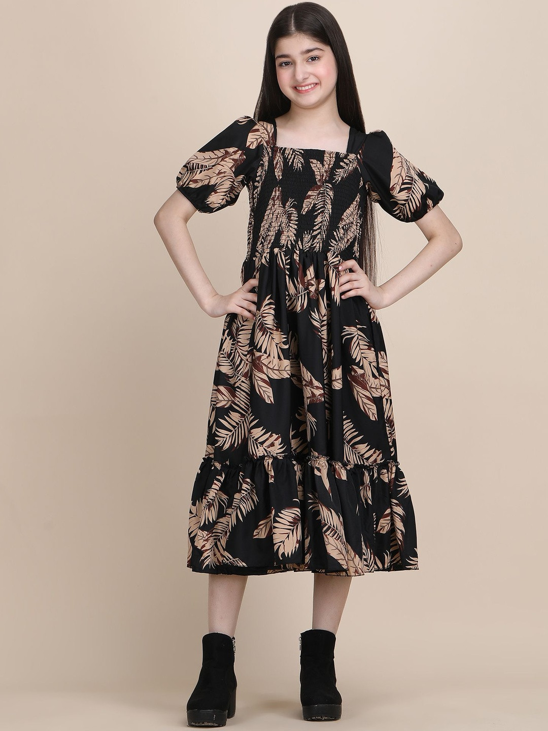 YK Women Leaf Printed Midi Dress