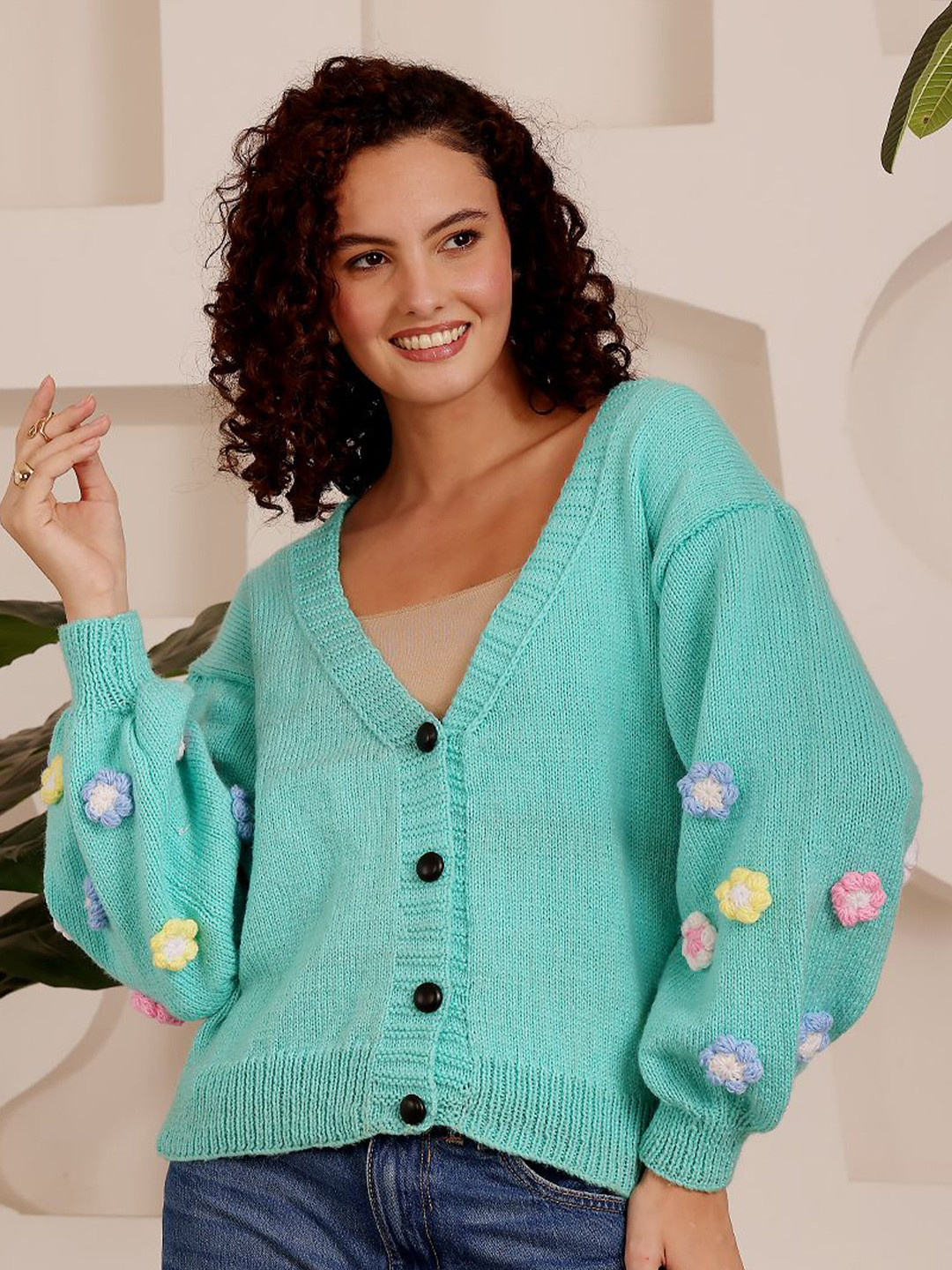 Velvery Women Self Design Embroidered Cardigan with Applique Detail