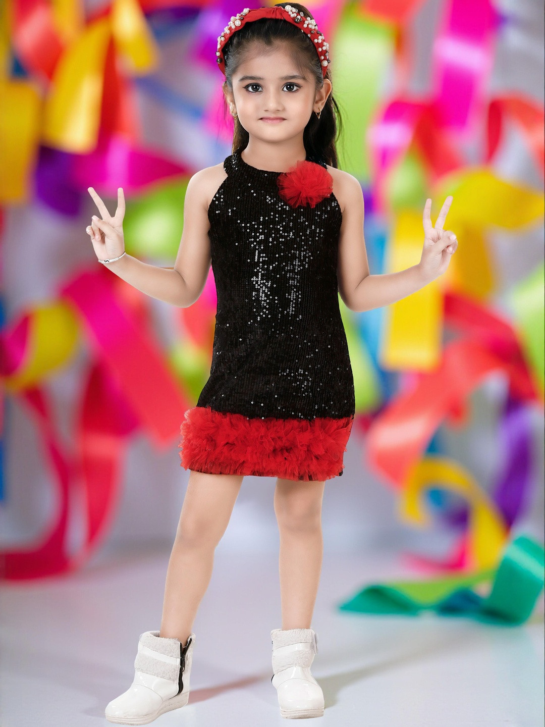KAARIGARI Girls Black Embellished Bodycon Dress