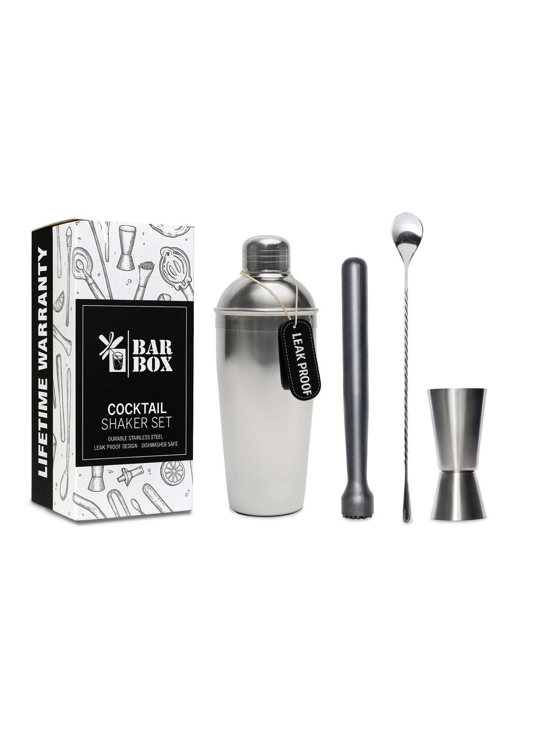 BAR BOX Silver-Toned 4 Pieces Stainless Steel Barware Tool Sets