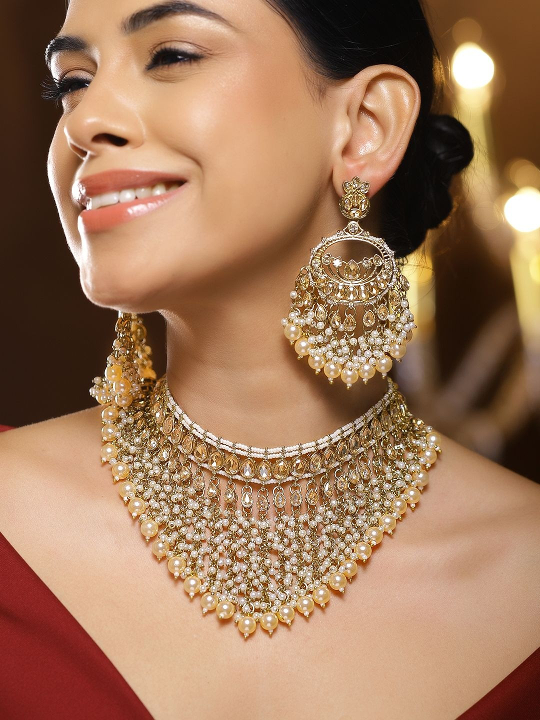 Rubans 22K Gold-Plated White Kundan & Cream Pearl Beads Handcrafted Bridal Necklace Set