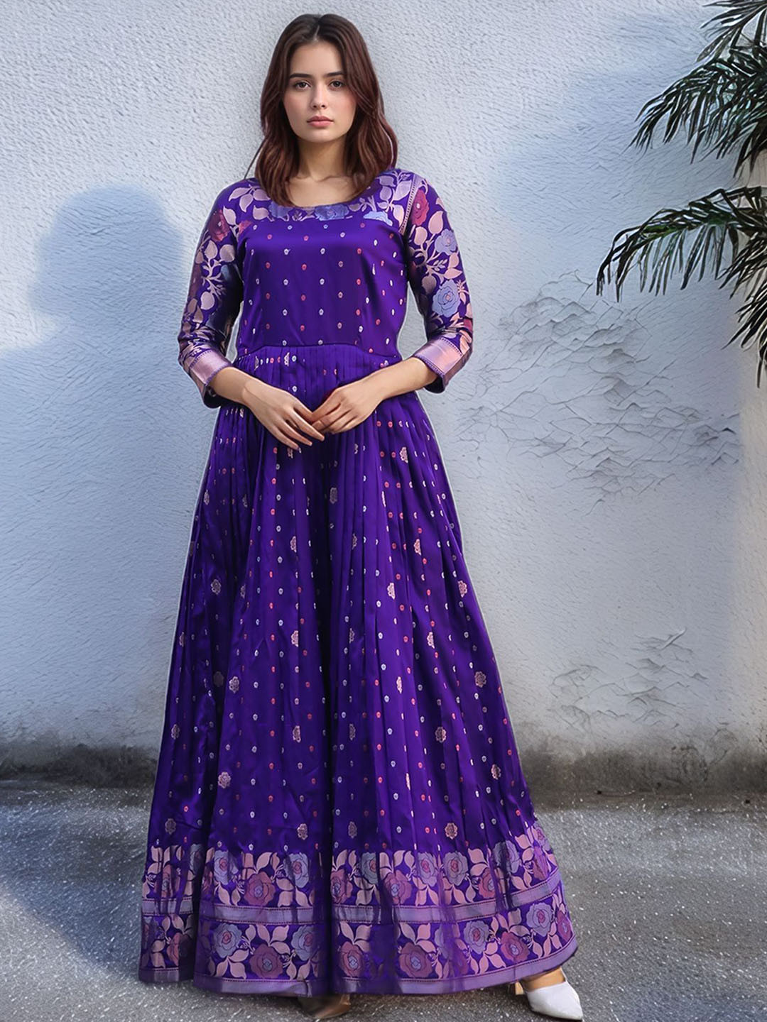 MORDEN MUSE Women Floral Printed Round Neck Silk Fit and Flare Maxi Ethnic Dresses