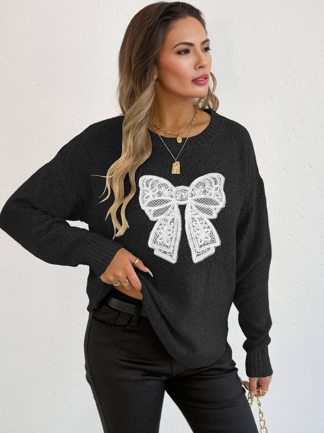 HERE&NOW Women Black Polyester Pullover Sweaters