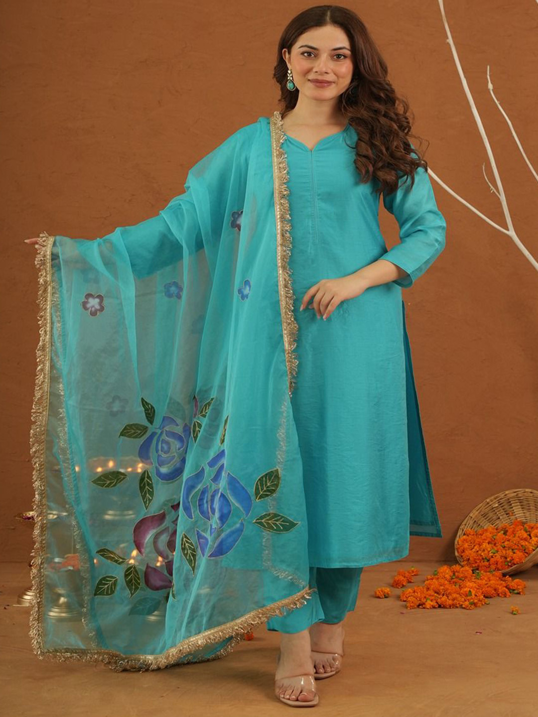 OneWe Women Mayaaz Sky Chanderi With Handpaint Dupatta