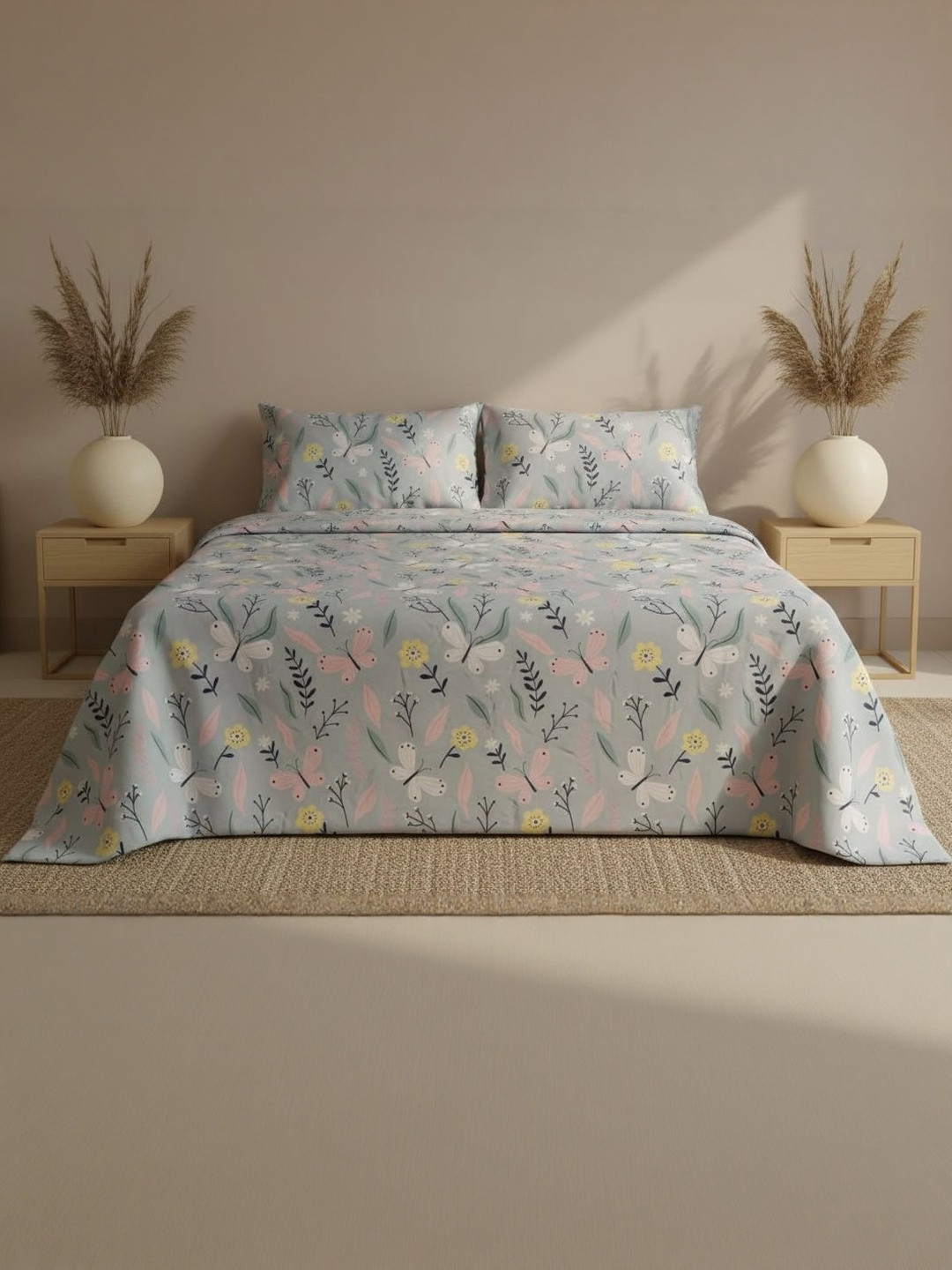 Signature Blue Floral 120 TC King Bedsheet with 2 Pillow Covers