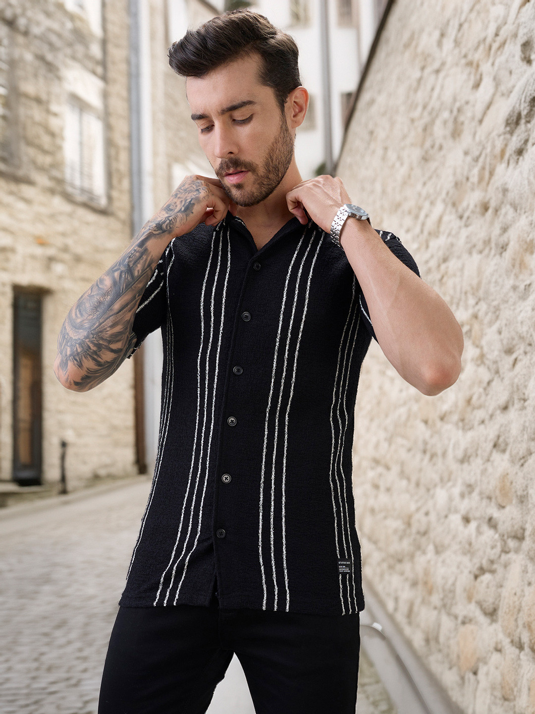 Status Quo Striped Cuban Collar Standard Regular Fit Casual Shirt