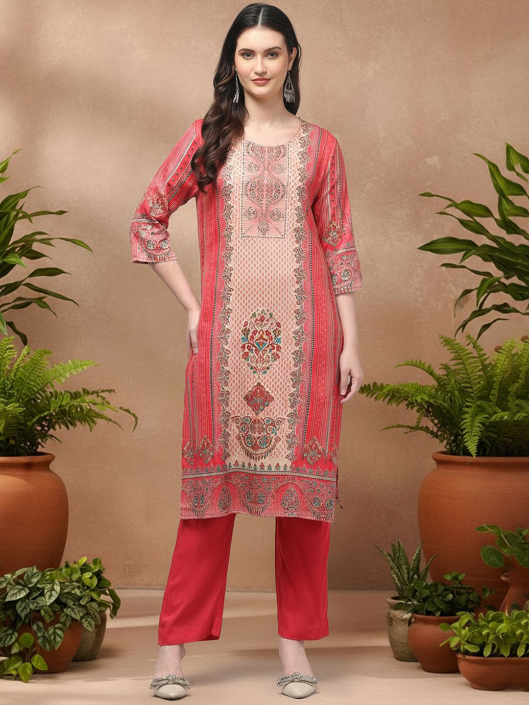 Aronita Ethnic Motifs Printed Round Neck Straight Kurta With Trousers & Dupatta