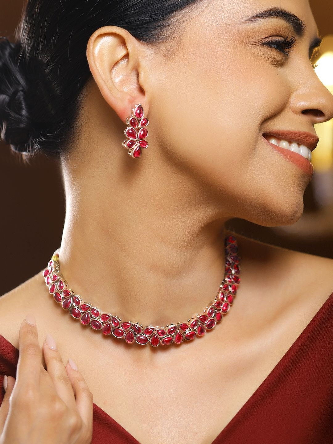 Rubans 22K Gold-Plated Ruby Pink Kundan Floral Cluster Statement Necklace Set