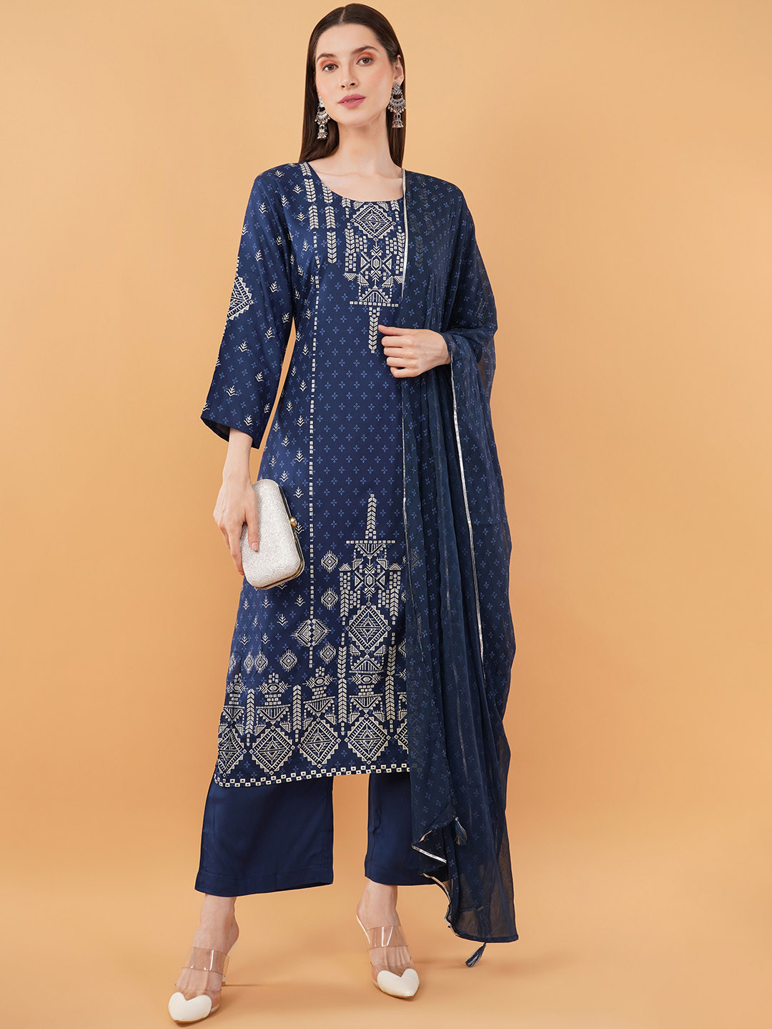 Purpple Infinity Women Ethnic Motifs Printed Round Neck Kurta with Palazzos & Dupatta