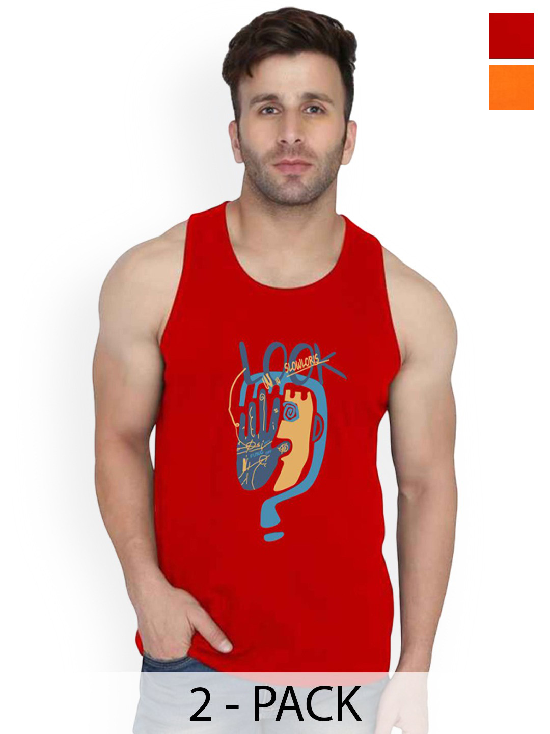 SLOWLORIS Men Pack Of 2 Printed Combed Cotton VestsVSL26 CMB(LOOK RED)(KEEP ORANGE)