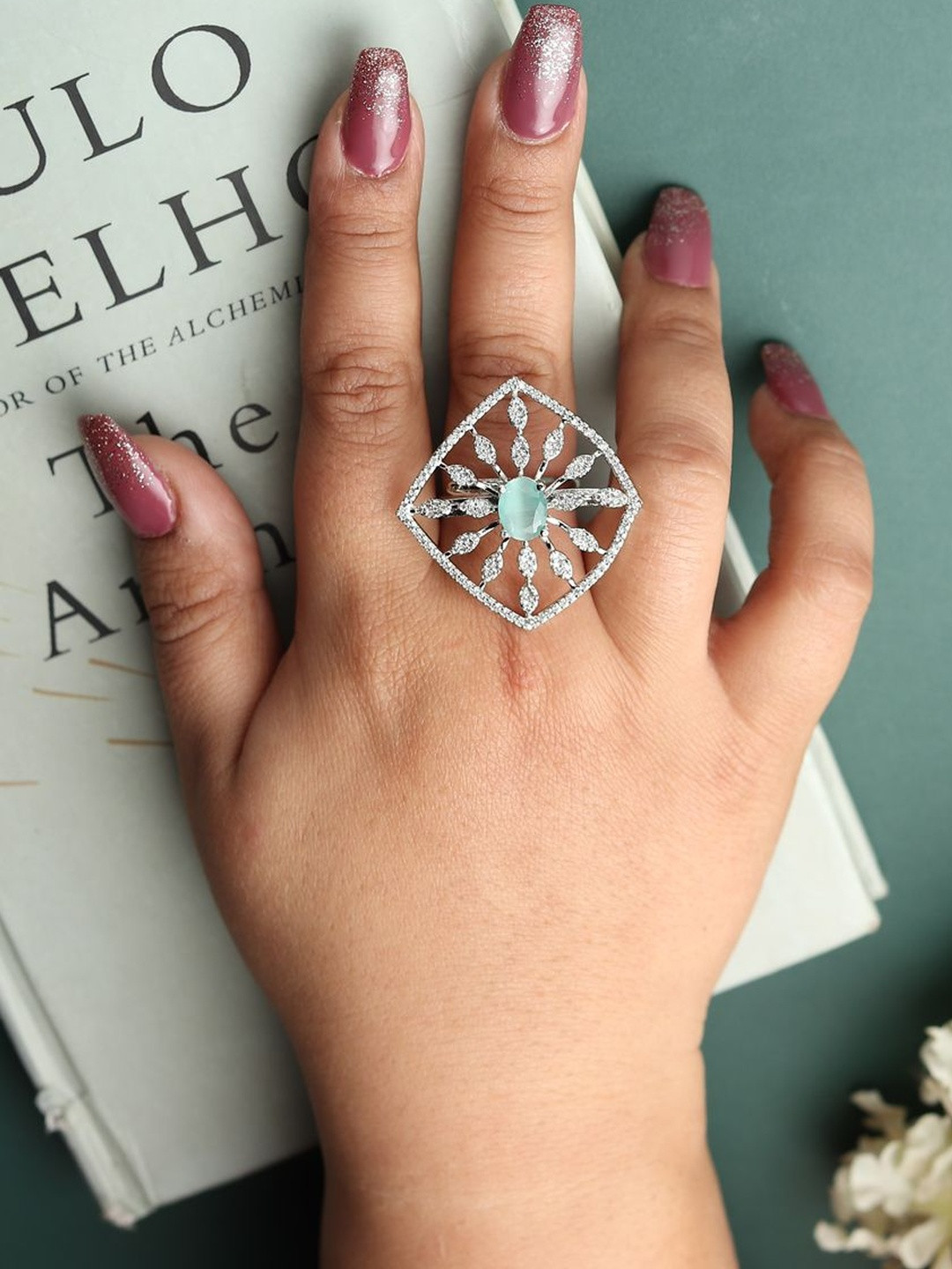 DIVASTRI Rhodium-Plated Mint & White CZ Studded Adjustable Ring