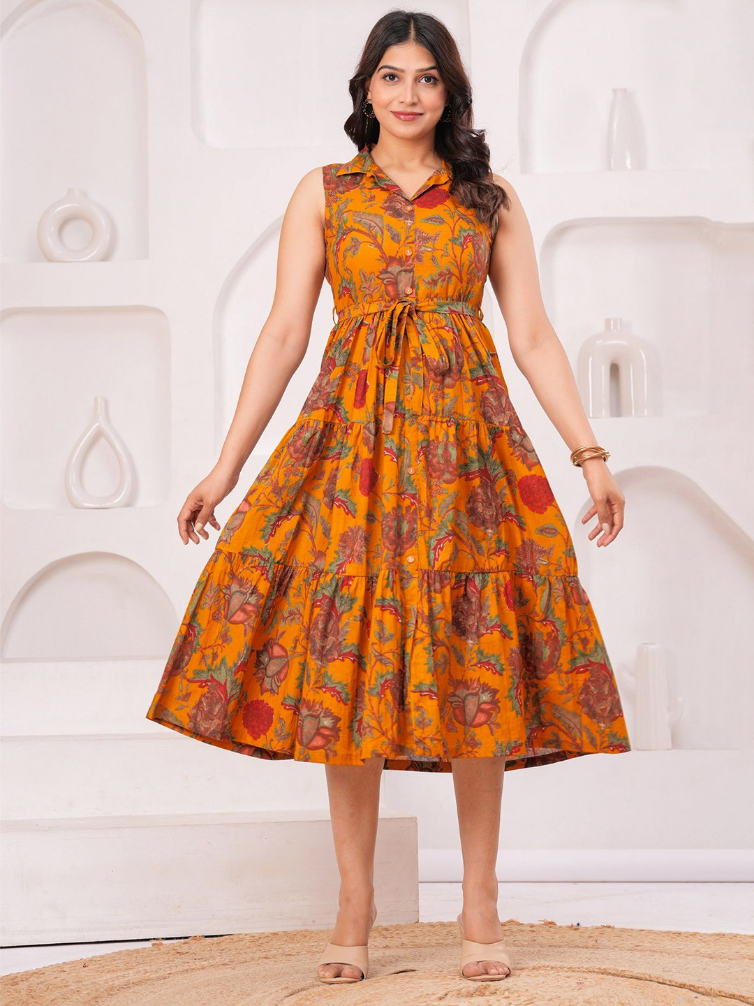 Clothy N Wave Women Floral Printed Shirt Collar Belted Fit And Flare Dress