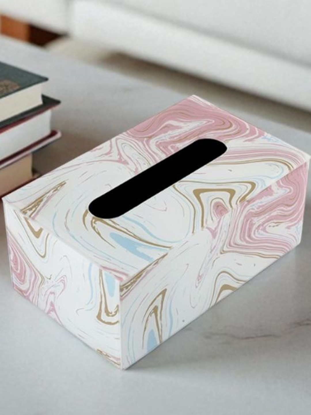 AARVI DECOR STUDIO Pink Leather Marble Printed Tissue Holders