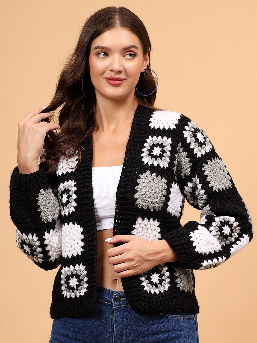 Velvery Women Geometric Front-Open Cardigan