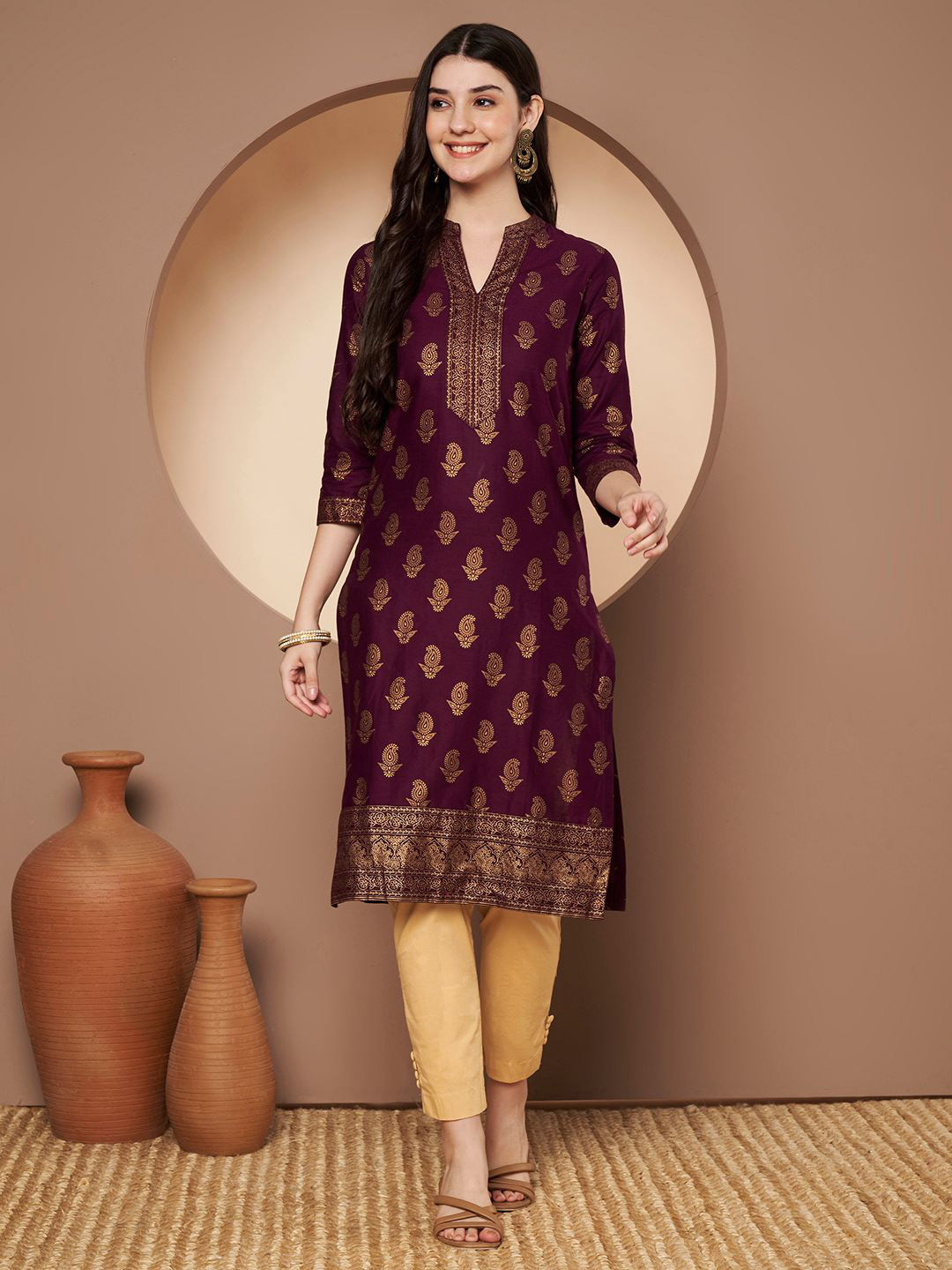 Poshak Hub Women Paisley Printed Festive Cotton Straight Kurta