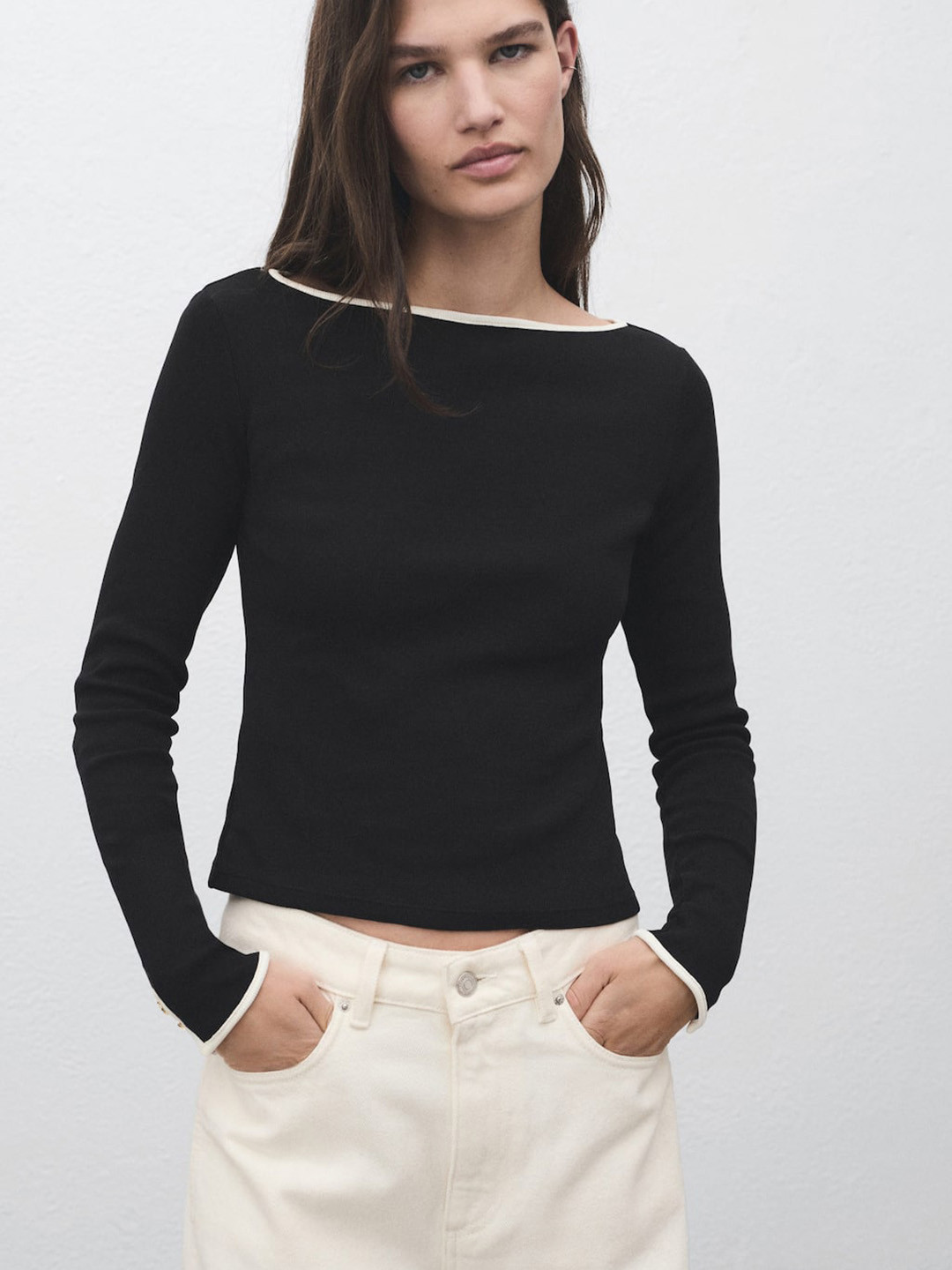 MANGO Contrast Boat Neck Pure Cotton T-shirt