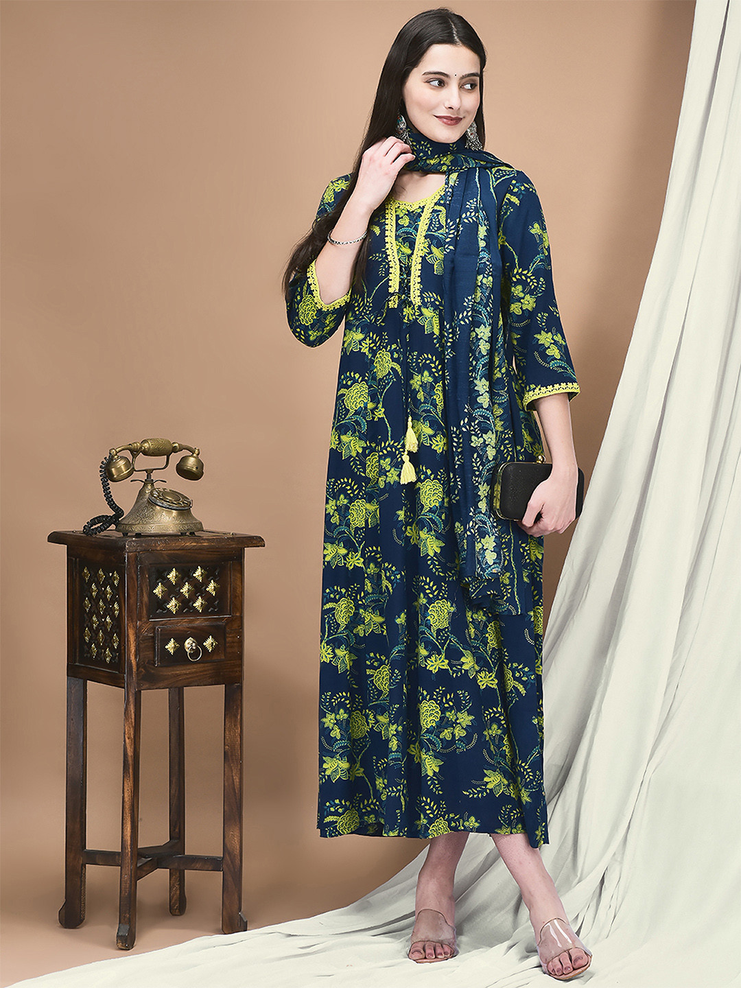 Shree Floral Printed Liva A-Line Midi Ethnic Dress Comes with a Dupatta