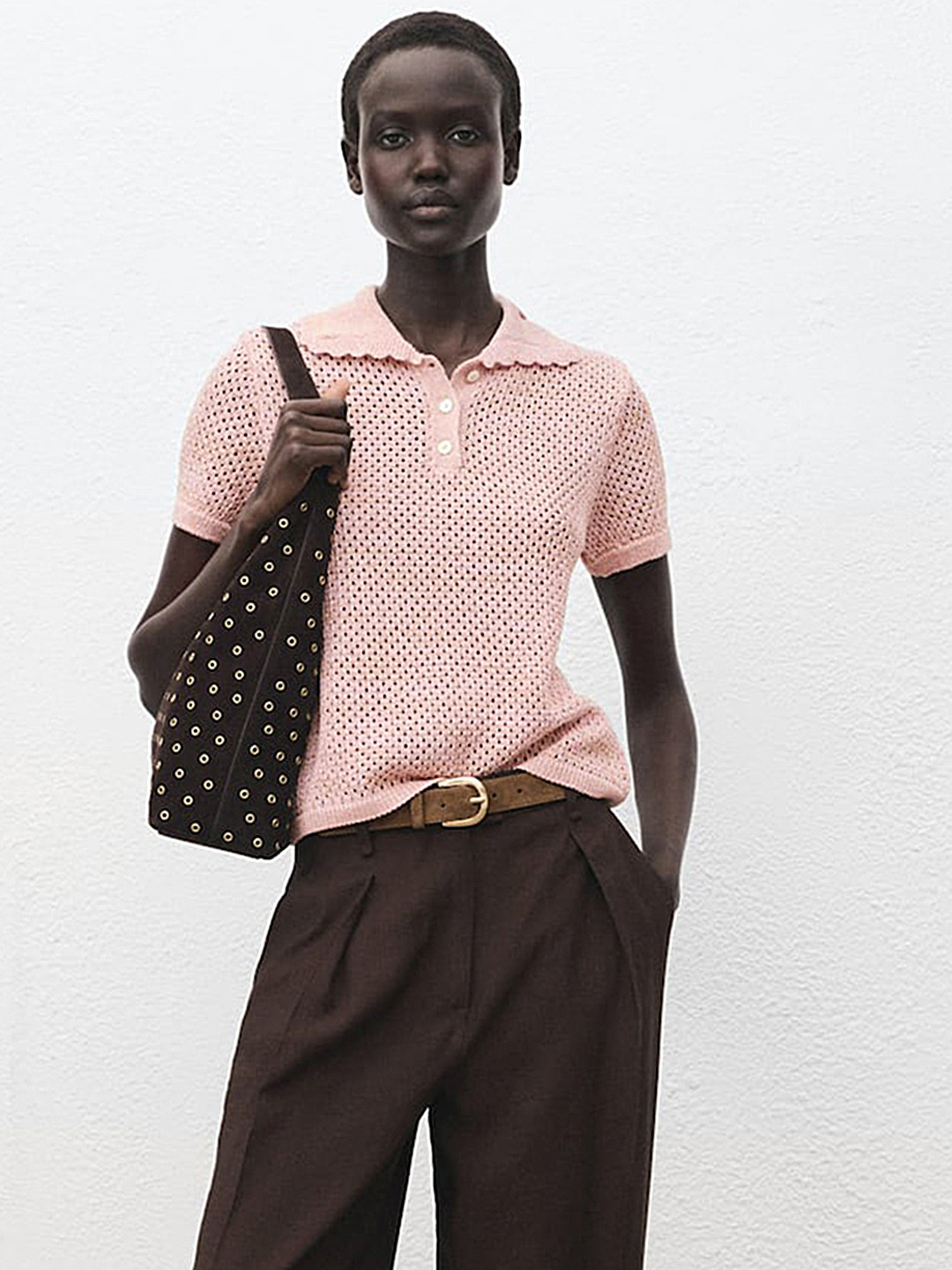 MANGO Open Knit Semi Sheer Shirt Collar Crochet Pullover