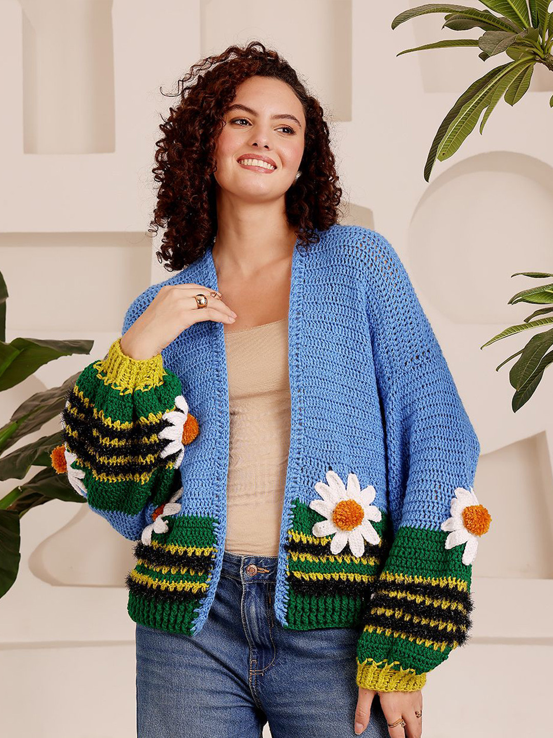 Velvery Women Open Knit Applique Crochet Front Open Sweaters