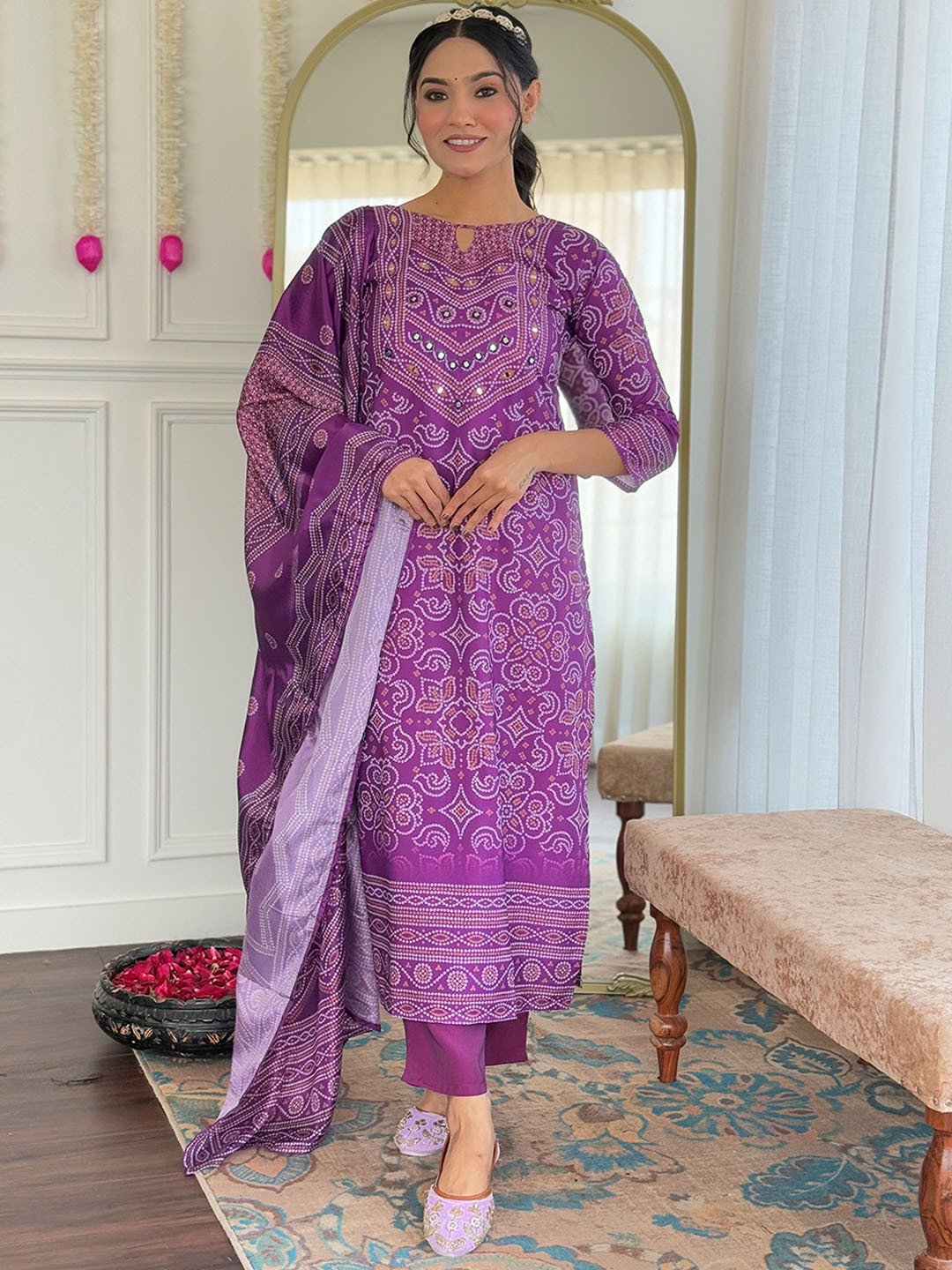 J.KANJI Bandhani Printed Mirror Work Straight Kurta With Trousers & Dupatta