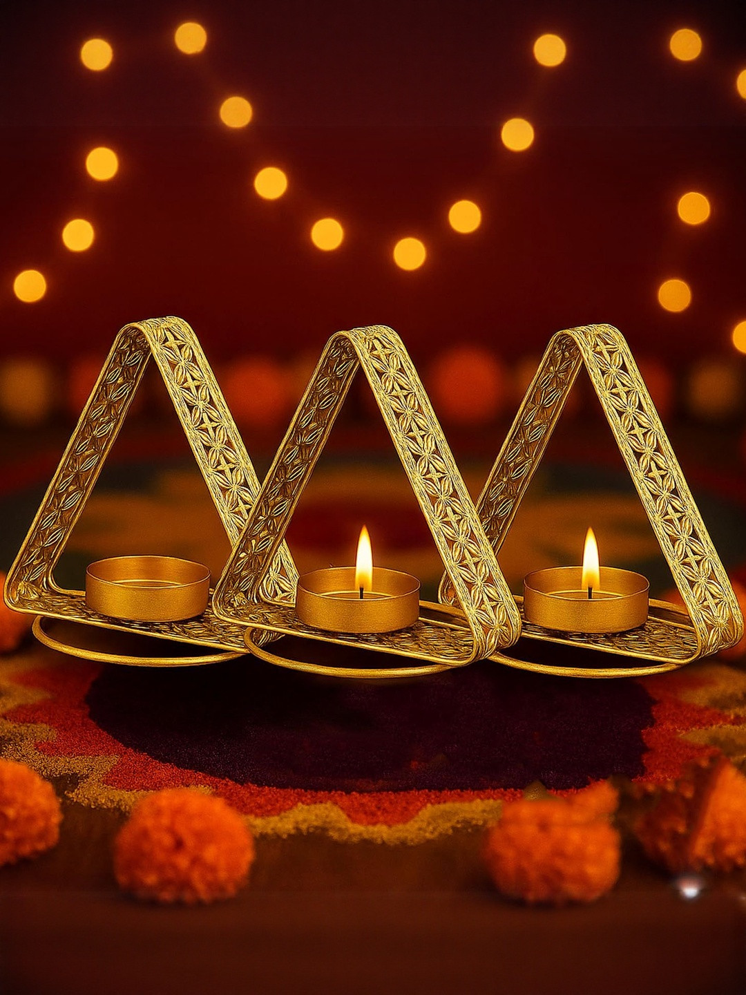 Go Hooked Triangular Metal Tealight Holder Set of 3pcs Floral Cut Design Candle Stand