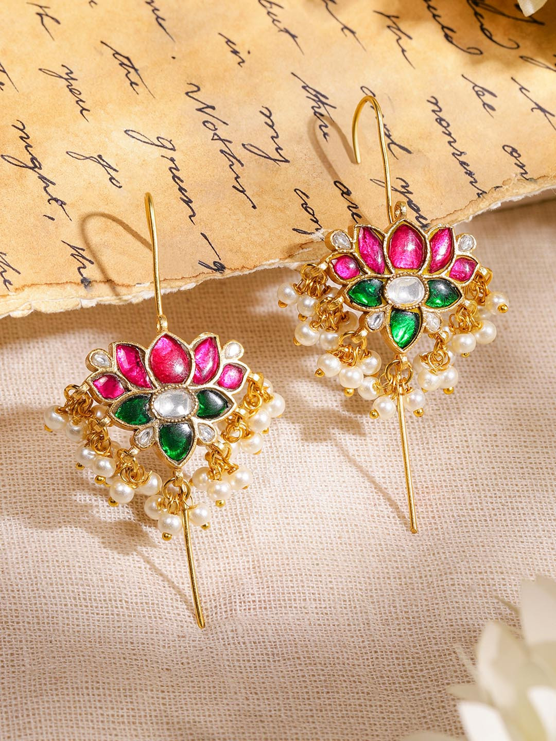 Rubans 22K Gold-Plated Ruby Pink, Emerald & Kundan Pearl Beads Lotus Design Ear Cuff