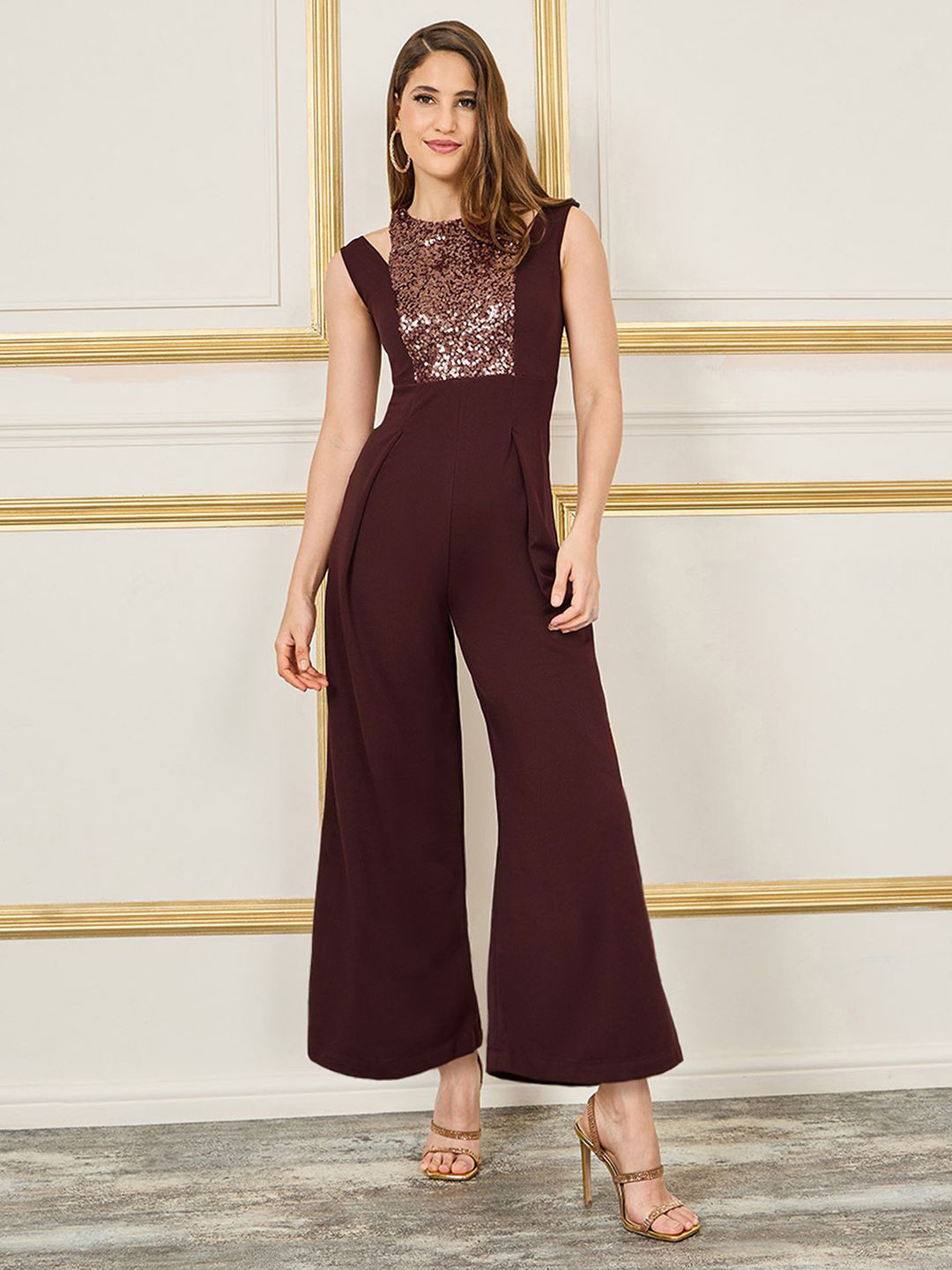 Miss Chase Women Halter Neck Sleeveless Wide Leg Pleated Jumpsuit
