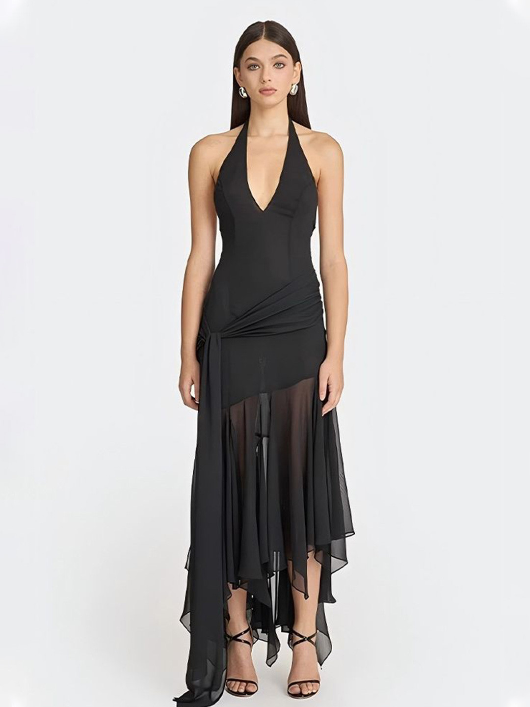 LULU & SKY Women Pleated Draped Halter Neck Sheath Maxi Dress