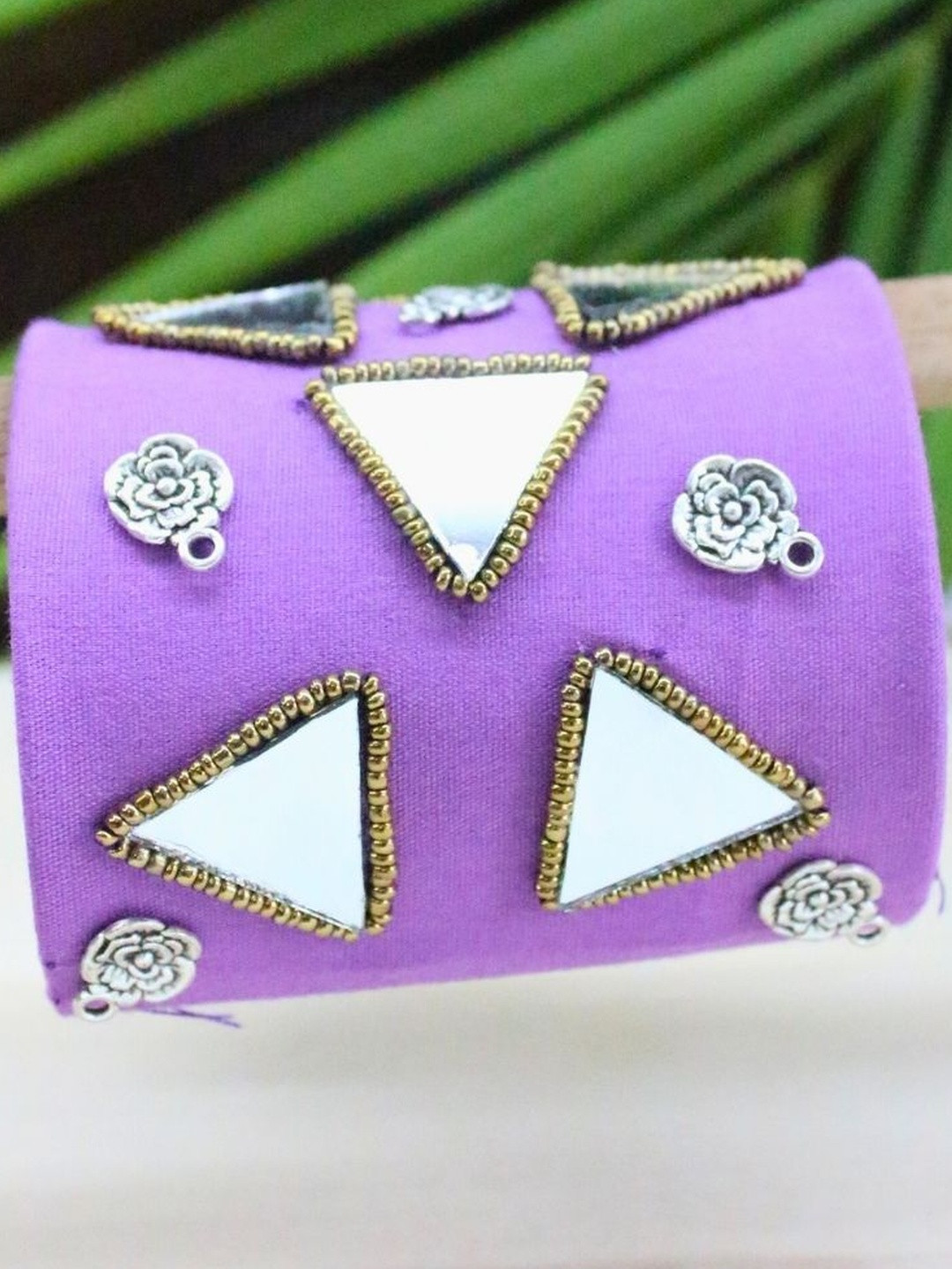 MCREATION4U Women Purple Fabric Mirror Work Cuff Bracelet with Floral Design