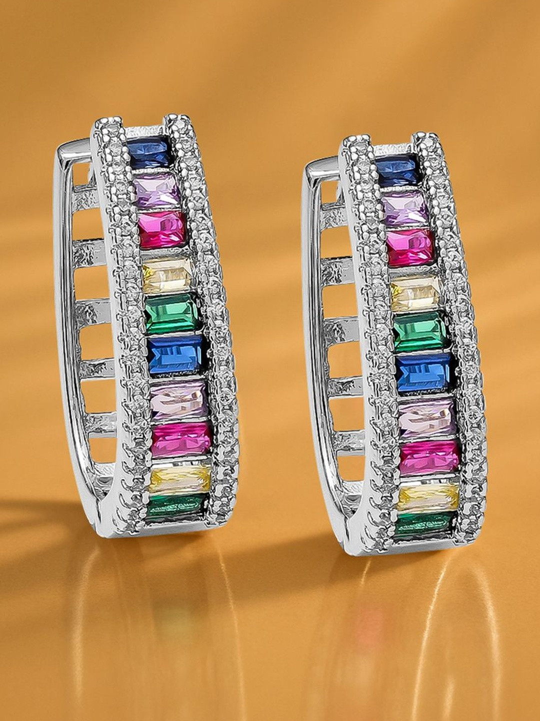 Rubans Rhodium-Plated Cubic Zirconia Studded Semi Circular Shaped Half Hoop Earrings