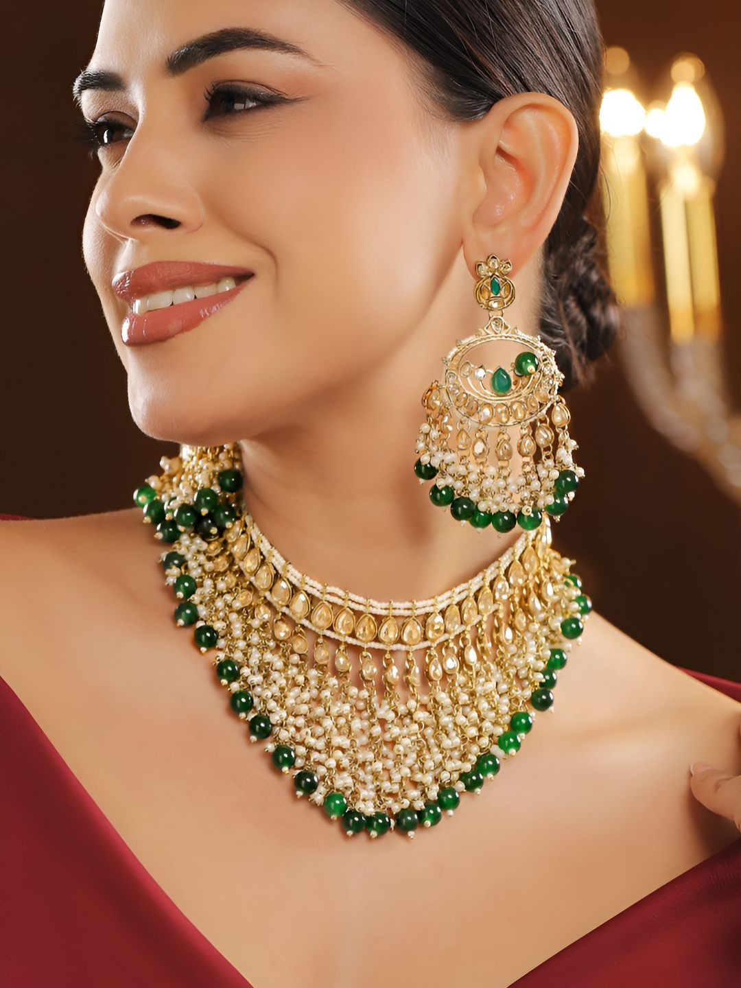 Rubans 22K Gold-Plated White Kundan, Cubic Zirconia & Dark Green Beaded Pearl Choker Set